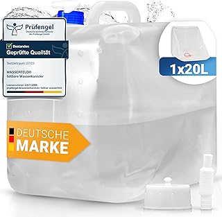 WASSERFELD ® [10L - 20L Wasserkanister Faltbar inkl. auslaufsicherem Dosierhahn & Tragehenkel - Robuster Trinkwasserkanister mit Verschlussklappe - Auslaufsicherer Wasserbehälter