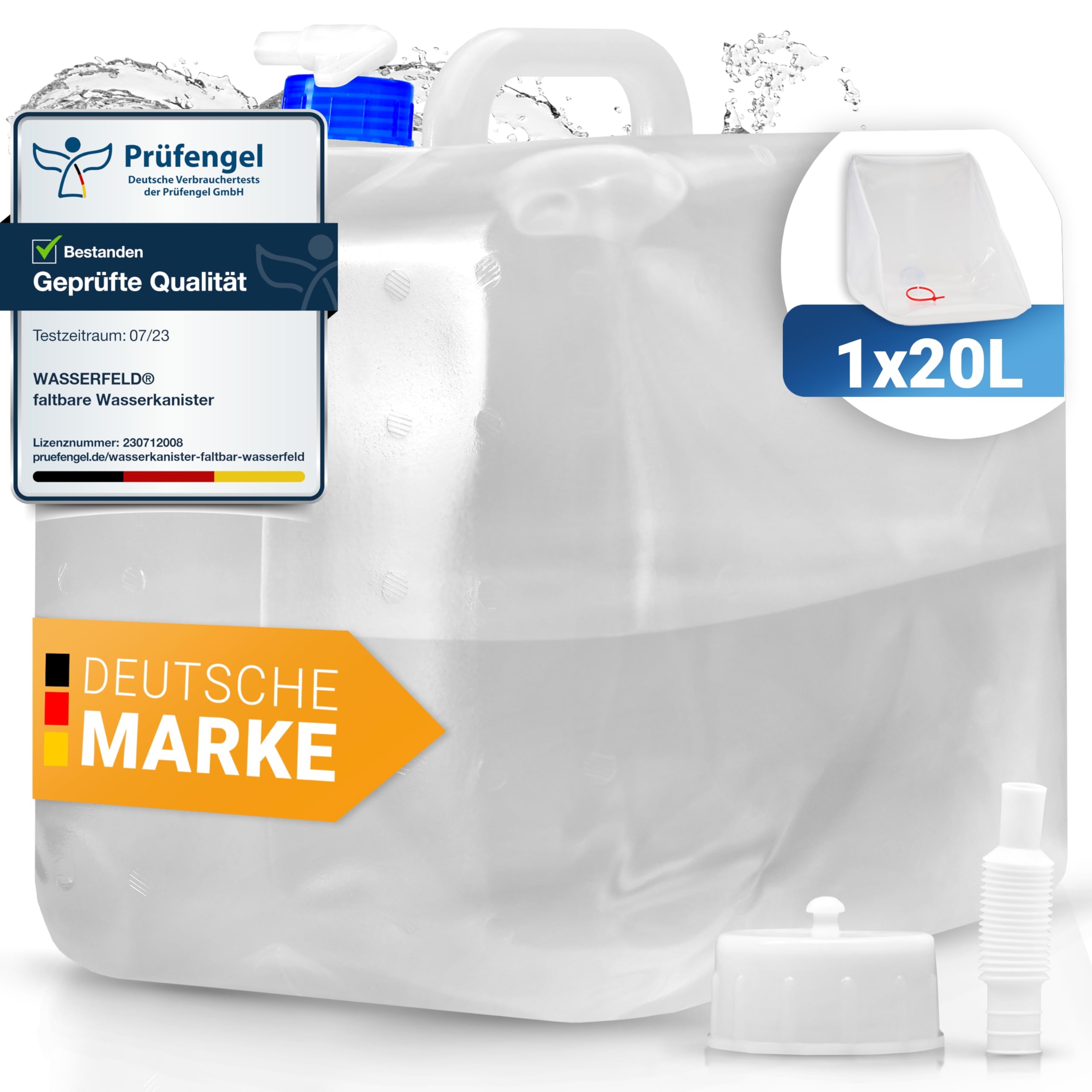 WASSERFELD ® [1x20L] Wasserkanister Faltbar inkl. auslaufsicherem Dosierhahn & Tragehenkel - Robuster Trinkwasserkanister mit Verschlussklappe - Auslaufsicherer Wasserbehälter