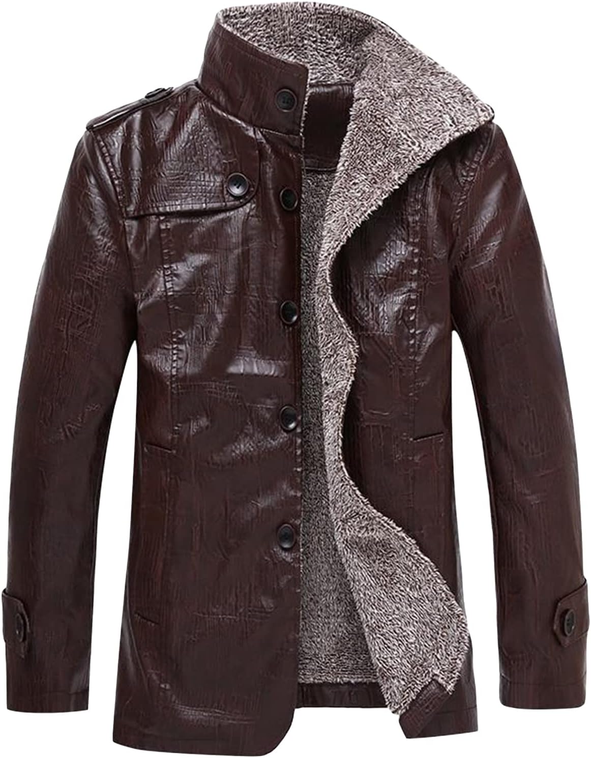 DGHM-JLMY Men's Fur Jacket With Stand Collar Fleece Lined Bomber Faux Leather Jacket Blend Jacket PU Windproof Pea Coat