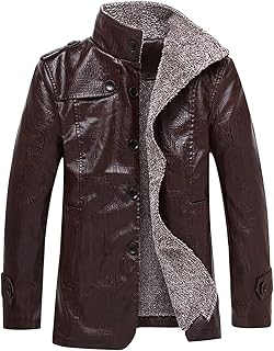 Maiyifu-GJ Men Faux Leather Lapel Zip Up Jacket Retro Casual Slim Fit Fleece Jackets Sherpa Lined Winter Warm Trucker Coat (Brown,Medium)