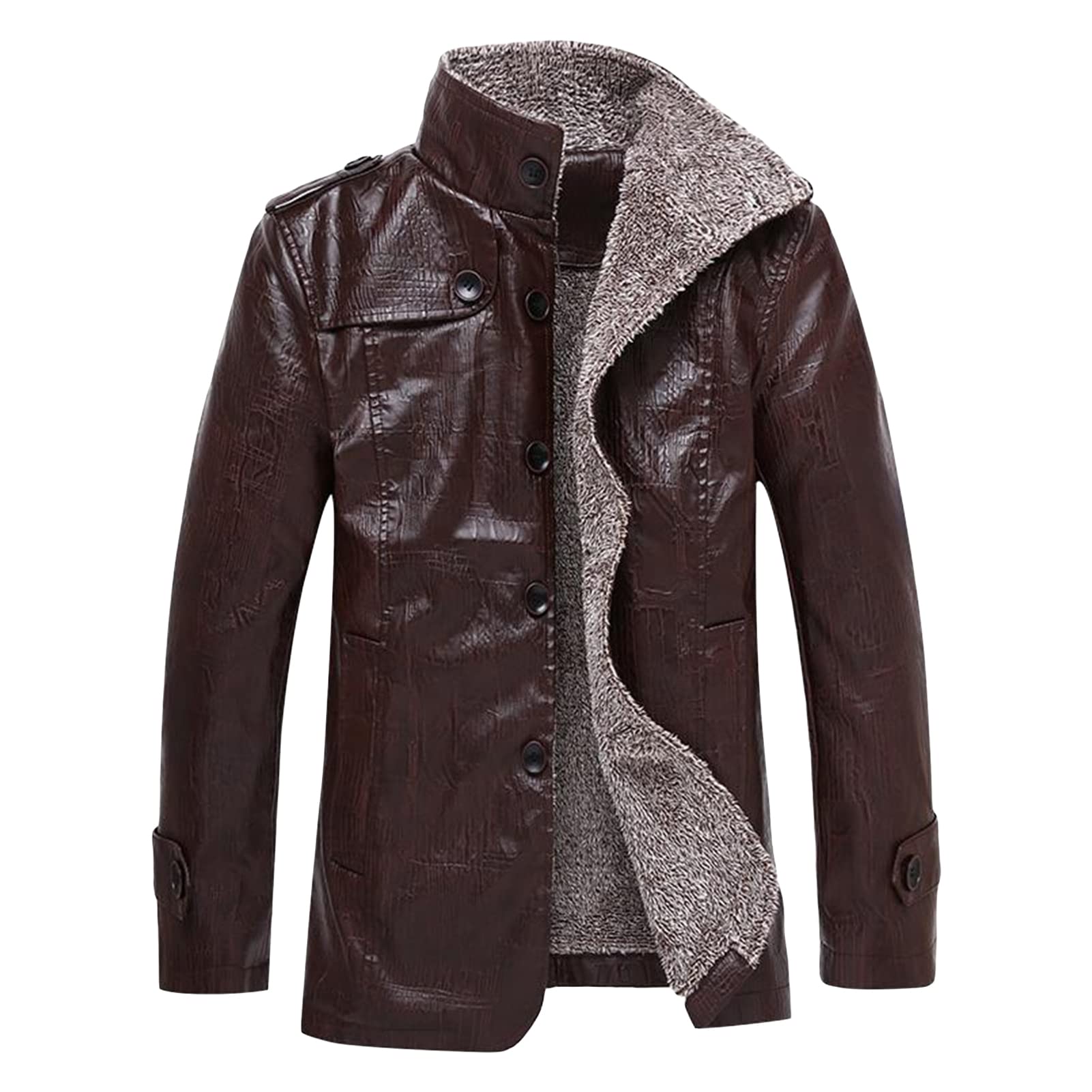 Maiyifu-GJ Men Faux Leather Lapel Zip Up Jacket Retro Casual Slim Fit Fleece Jackets Sherpa Lined Winter Warm Trucker Coat (Brown,X-Large)