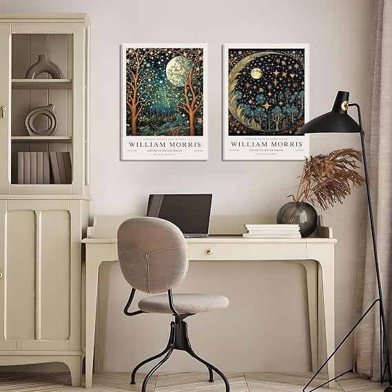 William Morris Canvas Wall Art Set of 2, Vintage Moon & Stars Posters Prints Painting Art, Framed Botanical Art Wall Decor for Bedroom Kitchen Living Room Office 12x16 Inch