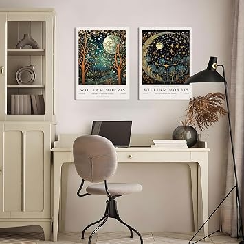 William Morris Canvas Wall Art Set of 2, Vintage Moon & Stars Posters Prints Painting Art, Framed Botanical Art Wall Decor for Bedroom Kitchen Living Room Office 12x16 Inch