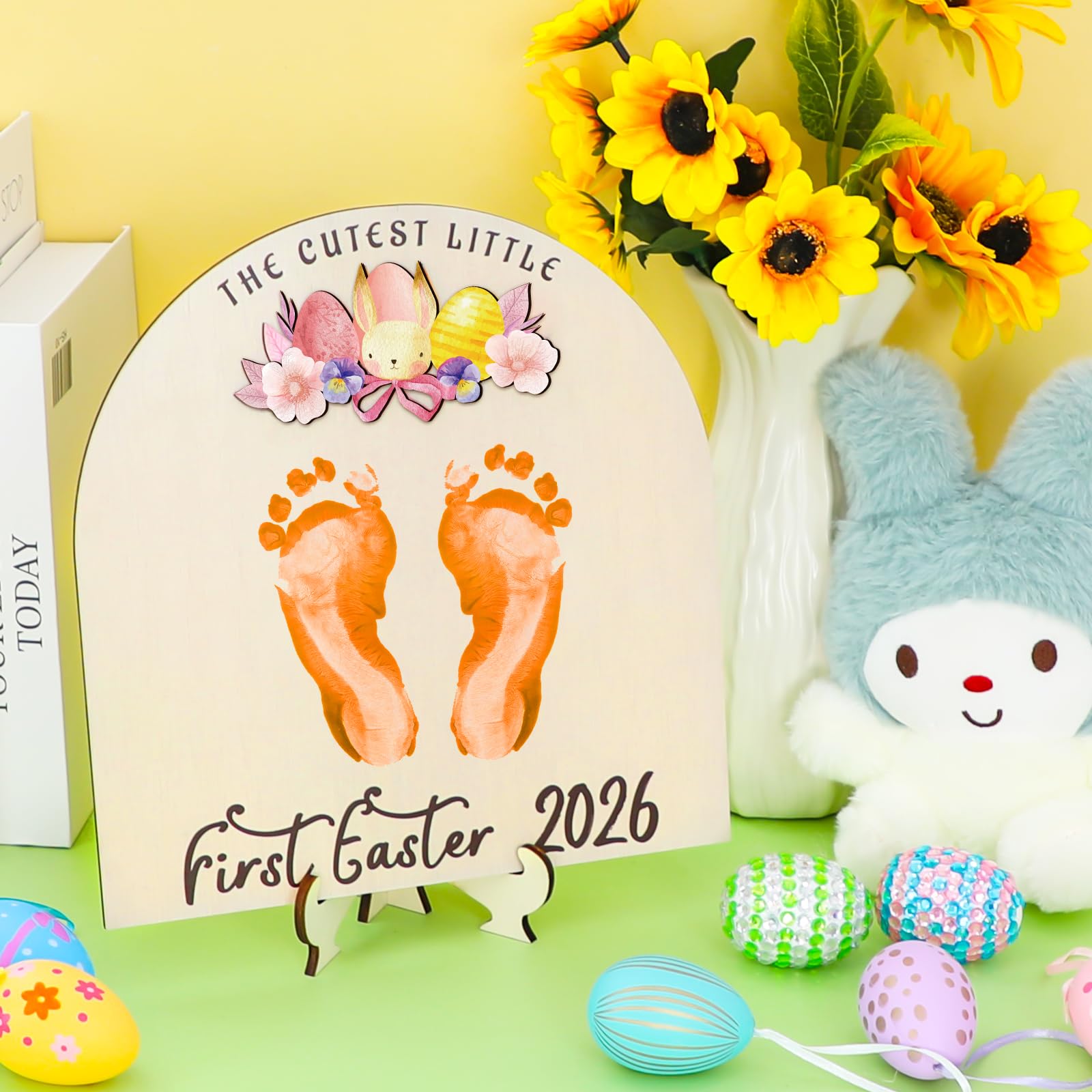 Panneau en bois à faire soi-même pour la première fois de Pâques de bébé, cadeaux de Pâques « My Baby 1st Easter Milestone Signs Have 3D Eggs Carotte Bunny Footprints », cadeaux décoratifs pour les