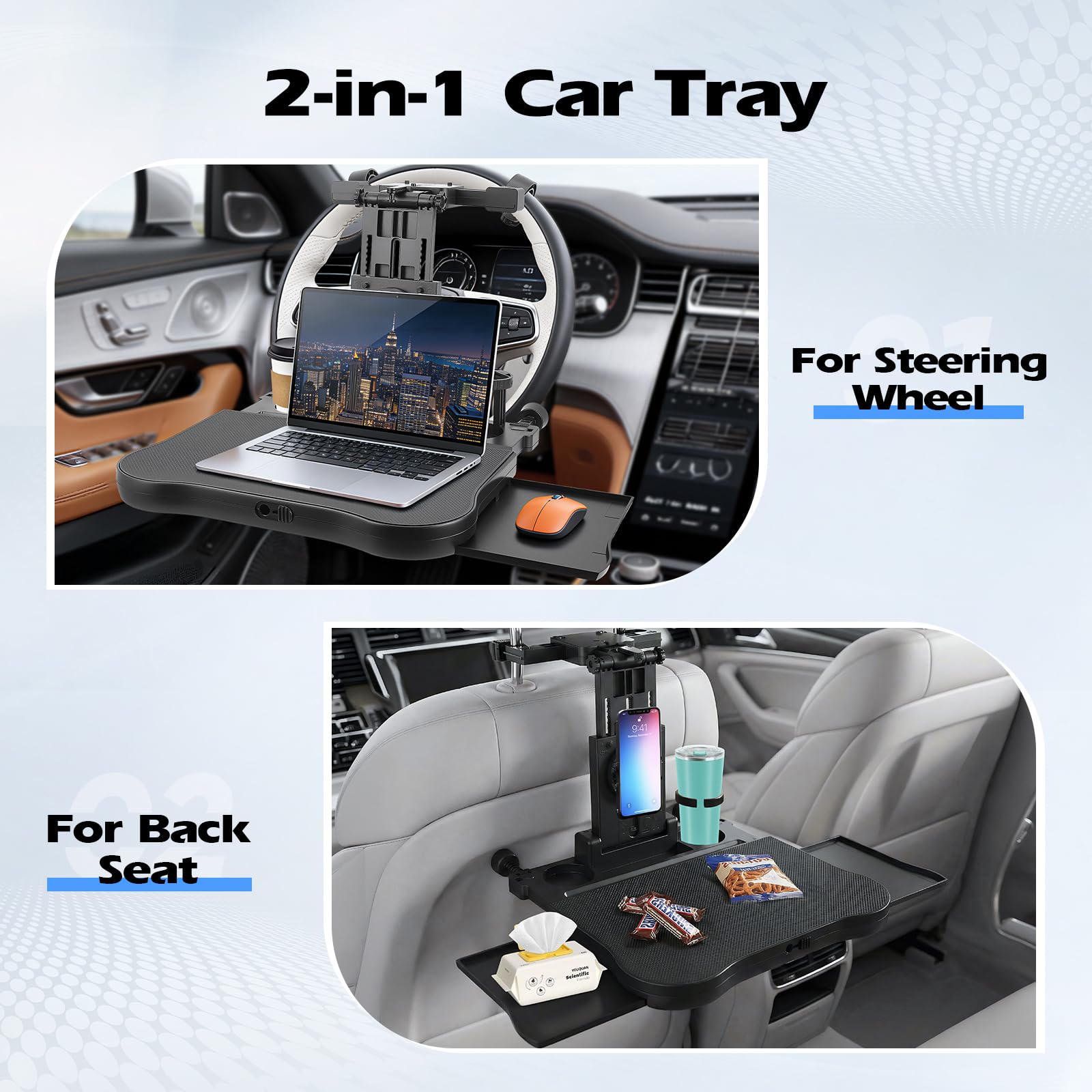 Bandeja para Asiento de Auto 20kg, Mesa de Asiento Trasero para Coche, Escritorio Giratorio de 360° con Respaldo, Portavasos, Multifuncional Coche para Comer