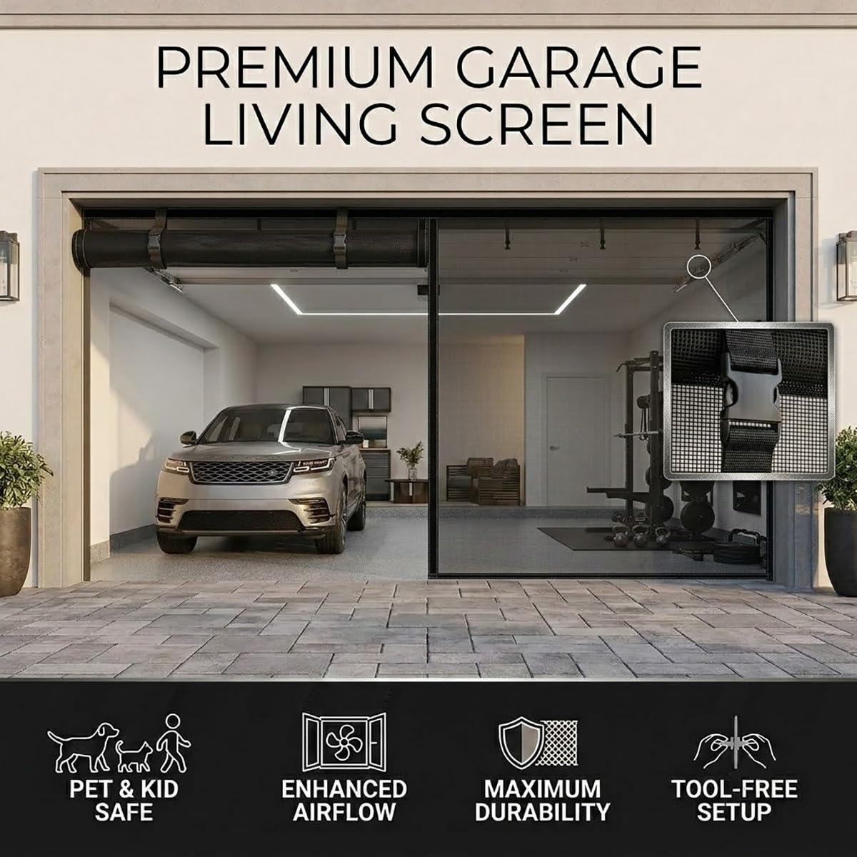 Verstärkte Glasfaser Garagentorgitter, Magnetische Insektenschutz Fliegengittertür mit Klettbändern, Automatisches Schließen Moskitonetz, für Garage Veranda Ohne Bohren(Schwarz,330x230cm)