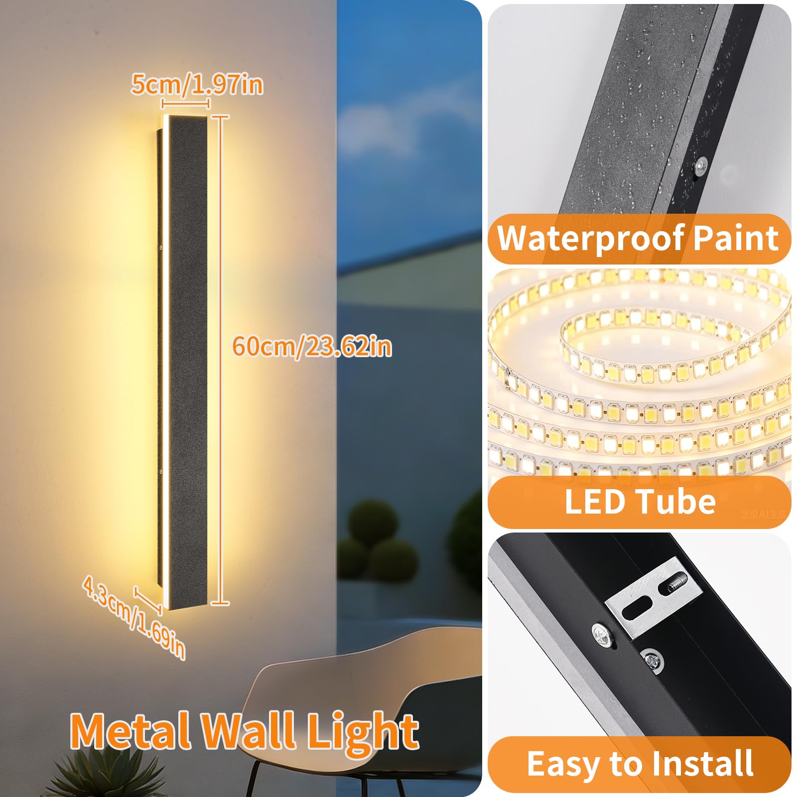 Ketom Lange Wandlampe Schwarz, LED Außenlampe Wand Modern, Aussenlampe Wand LED IP65 Wasserdicht, Wandbeleuchtung Außen/Innen für Gärten Terrassen Schlafzimmer Wohnzimmer, Warmweiß 3000K, 60CM