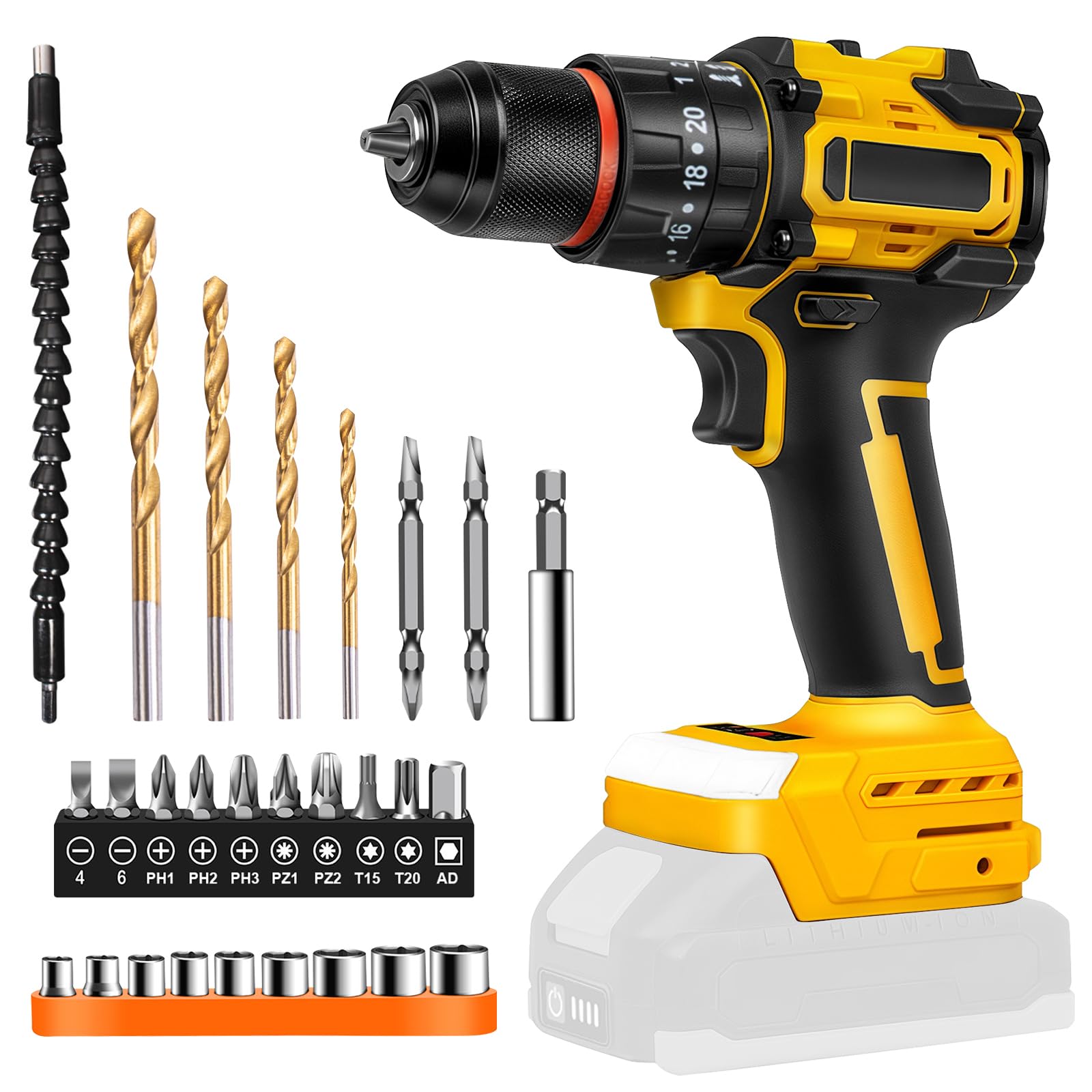 Wiertarko-wkrętarka akumulatorowa zestaw 2 w 1, wiertarka akumulatorowa kompatybilna z Dewalt 18 V 20 V (bez akumulatora), wkrętarka akumulatorowa mała wiertarko-wkrętarka udarowa, 27 x akcesoria 25 +