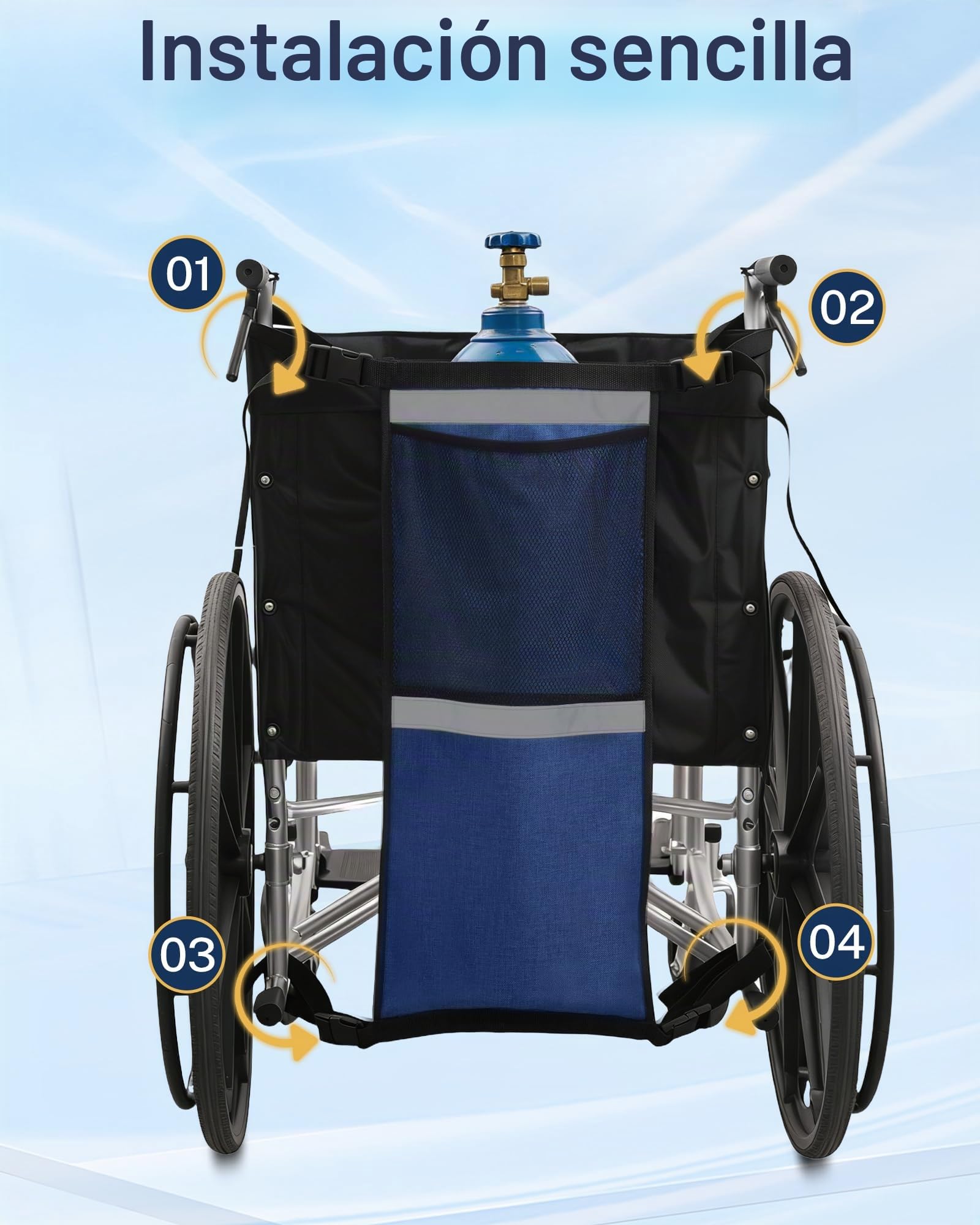 Portable Oxygen Cylinder Bag Für Rollstühle (Blau, Einzelpackung) Soporte de Tanque de Oxígeno para Silla de Ruedas y Andador, Tiras Reflectantes de Seguridad, Soporte Doble Ajustable