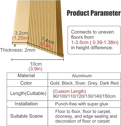 Miniatura 3 de Tira de transición de piso de metal para madera a azulejomadera a vinilo, tira de transición de umbral, reductor de suelo antideslizante para rampa