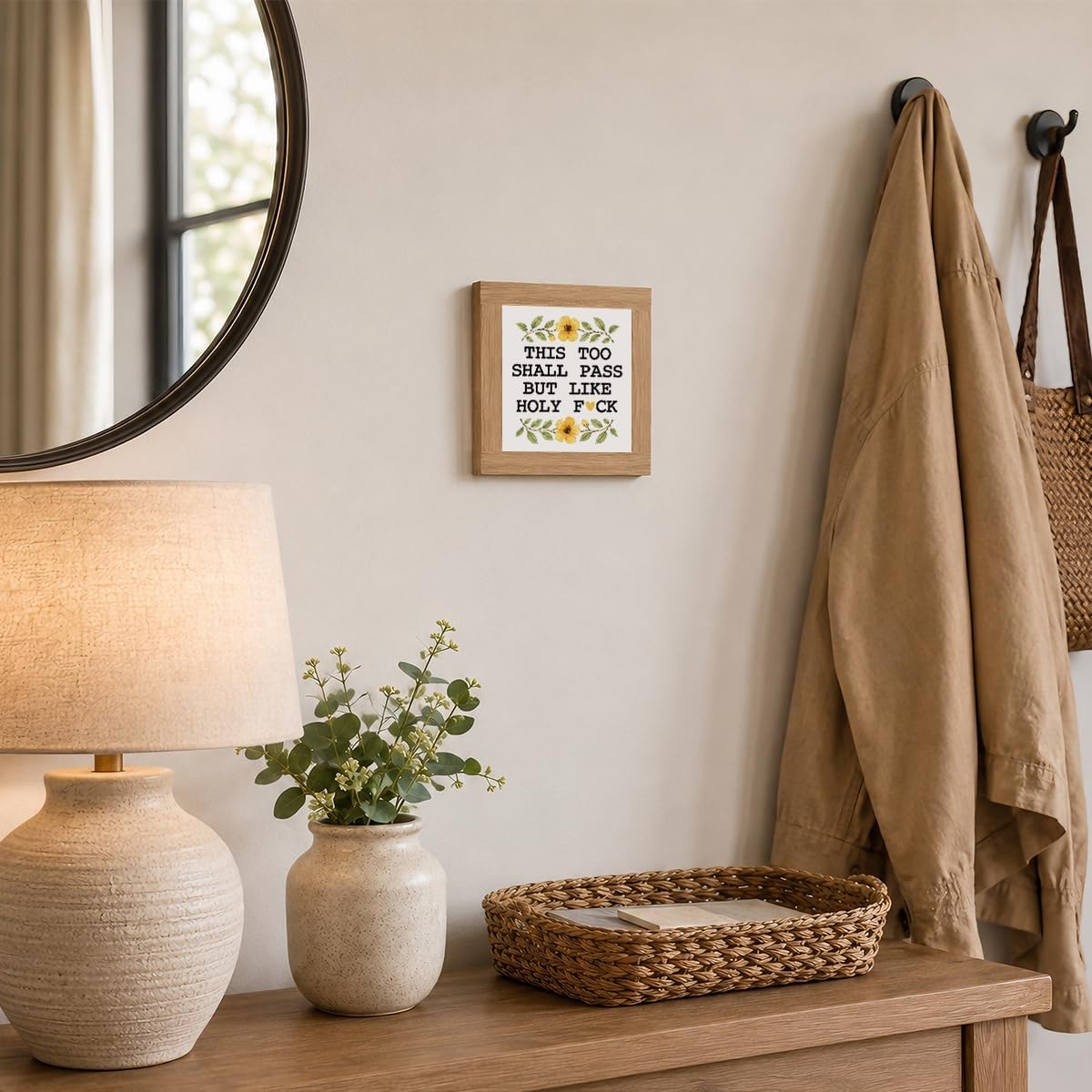 This Too Shall Pass Wooden Plaque, Funny Inspirational Quote Tabletop Decor, Floral Rustic Shelf Plaque for Office Desk Bedroom Mantel, Encouragement Gift for Friend Coworker image 4