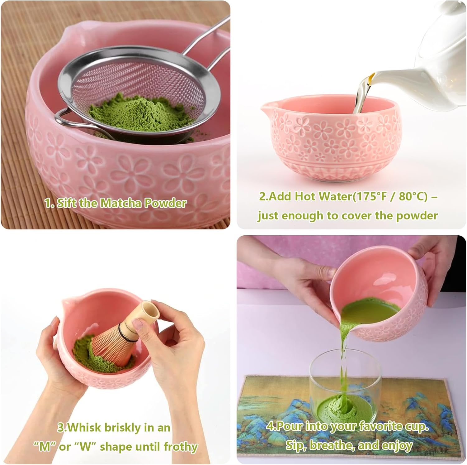 Matcha Whisk Set with Pink Ceramic Bowl – 7-PCS Matcha Tea Set Includes Whisk, Holder, Scoop, Sifter, Rest & Towel – Matcha Kit for Matcha Lovers (Pink)