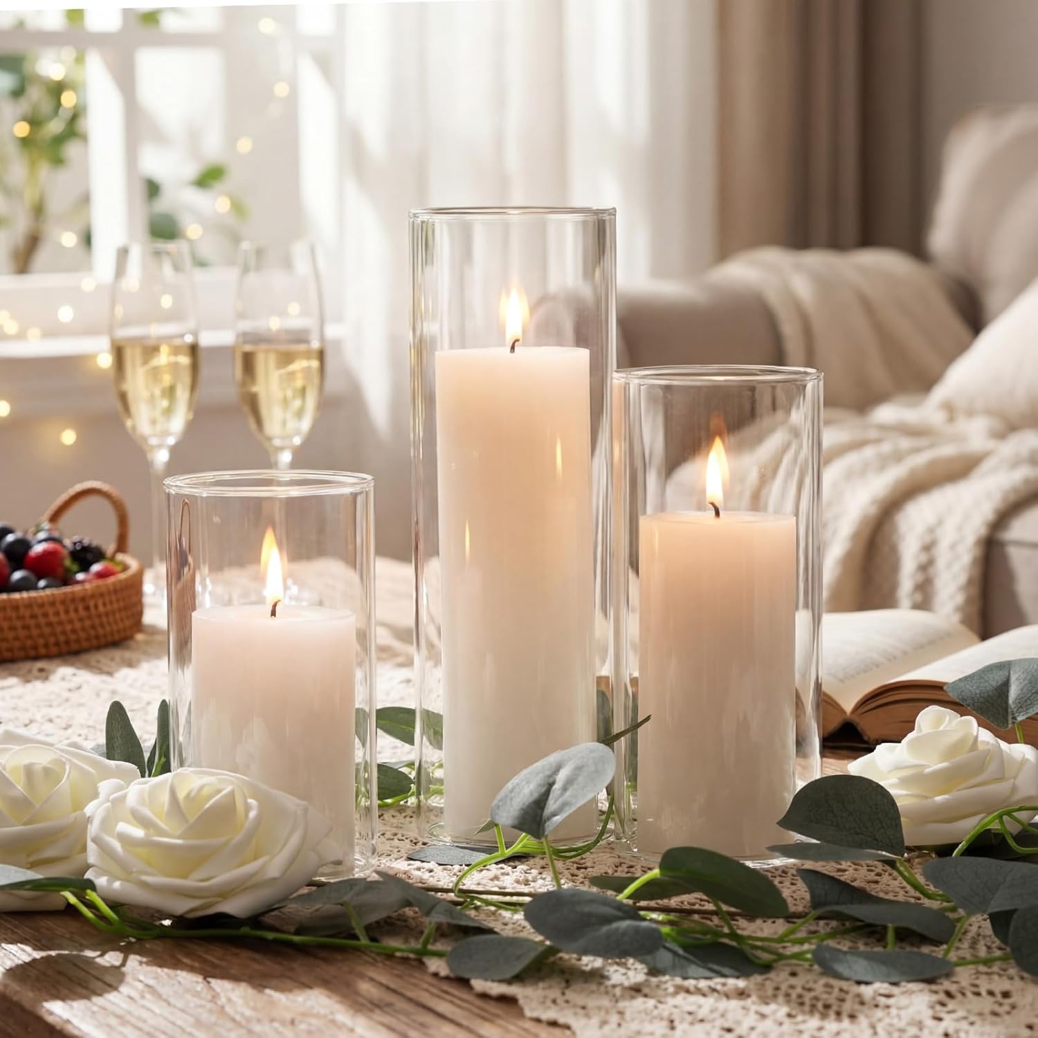 38 Pcs White Pillar Candles with Clear Hurricane Glass Holders Cylinder Candle Vases Artificial White Roses Eucalyptus Garland for Wedding Table Centerpieces Party Home Decor