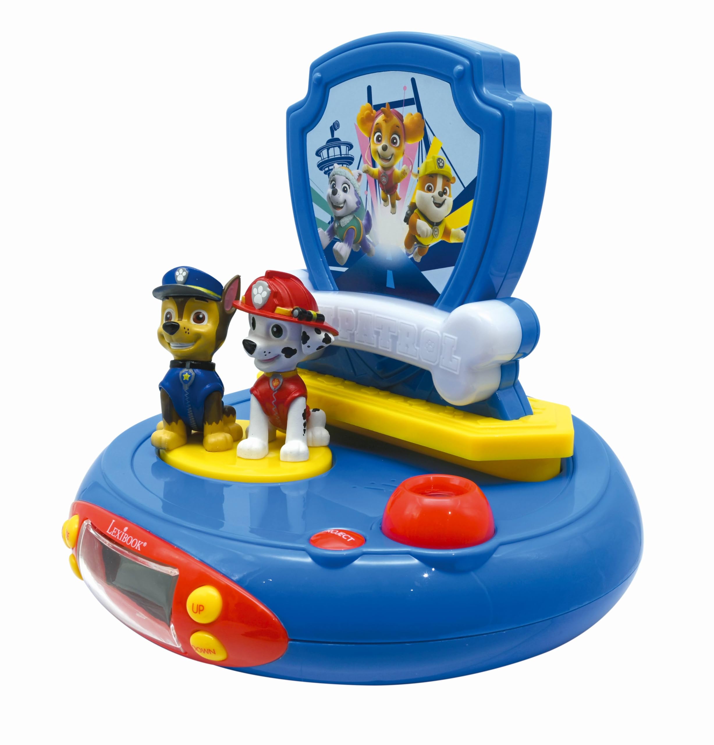 LEXIBOOK Paw Patrol La Patrulla Canina Chase Radio Reloj proyector, Luz de Noche incorporada, proyección de Tiempo en el Techo, Efectos de Sonido, Funciona con batería, Azul/Rojo, RP500PALXB