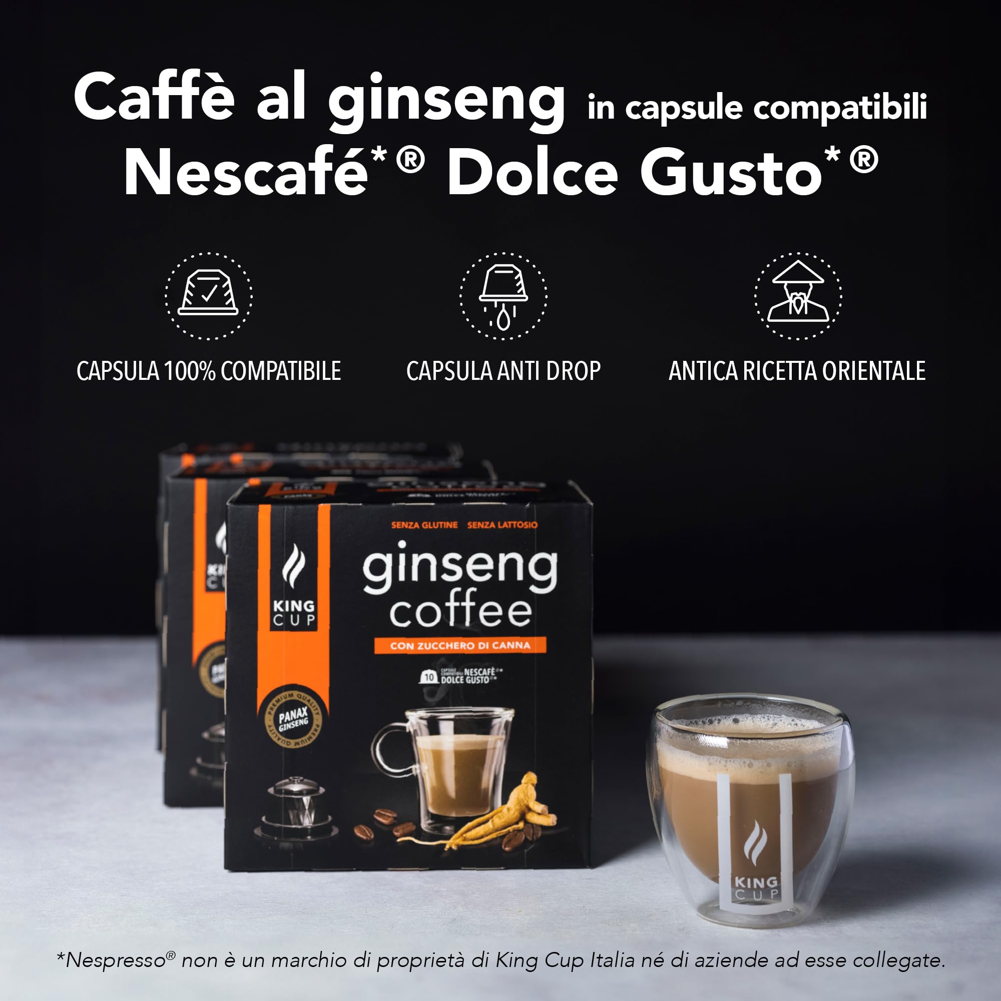 King Cup - 1 Confezione da 10 Capsule di Ginseng con Zucchero di Canna, 10 Capsule 100% Compatibili con Sistema Nescafè Dolce Gusto di Bevanda al Gusto di Ginseng, Senza Glutine e Senza Lattosio