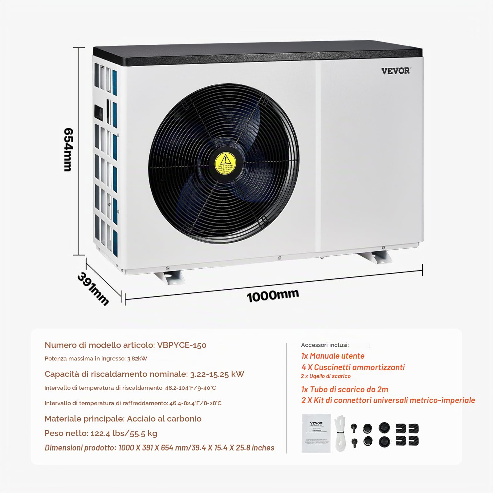 VEVOR Pompa di Calore Elettrica per Piscina, capacità 3,22-15,25 kW, Riscaldatori Frequenza Variabile a Risparmio Energetico Piscine Fuori Terra 30-60 m³, Riscaldamento Scaldabagno AC 220-240 V 50 Hz