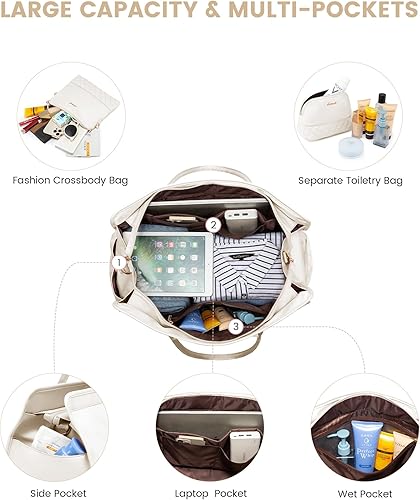 Miniatura 4 de Bolsas de fin de semana para mujer, bolsa de viaje con compartimento para zapatos, bolsa de mano para la noche, juego de 3 piezas, Beige, Elegante