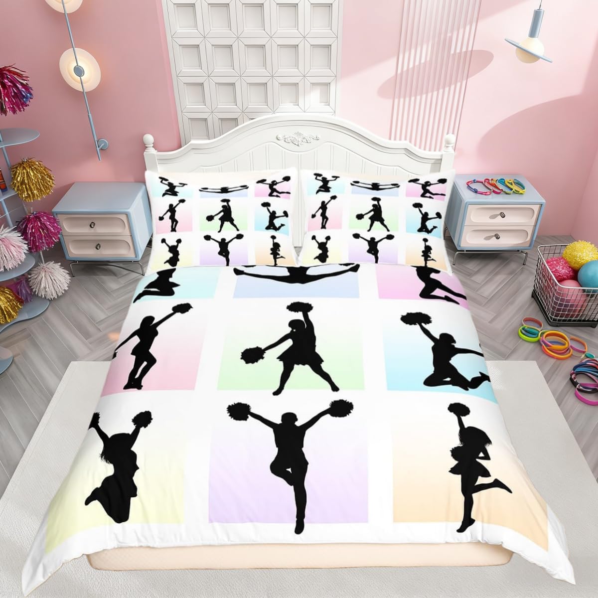 Manfei Cheerleader Duvet Cover Set Super King Size,Dancing Girls Sports Theme Bedding Set 2 pcs, Colorful Grid Quilt Cover for Kids Teens Adults Room Decor,1 Pillowcase,No Comforter โ image 1