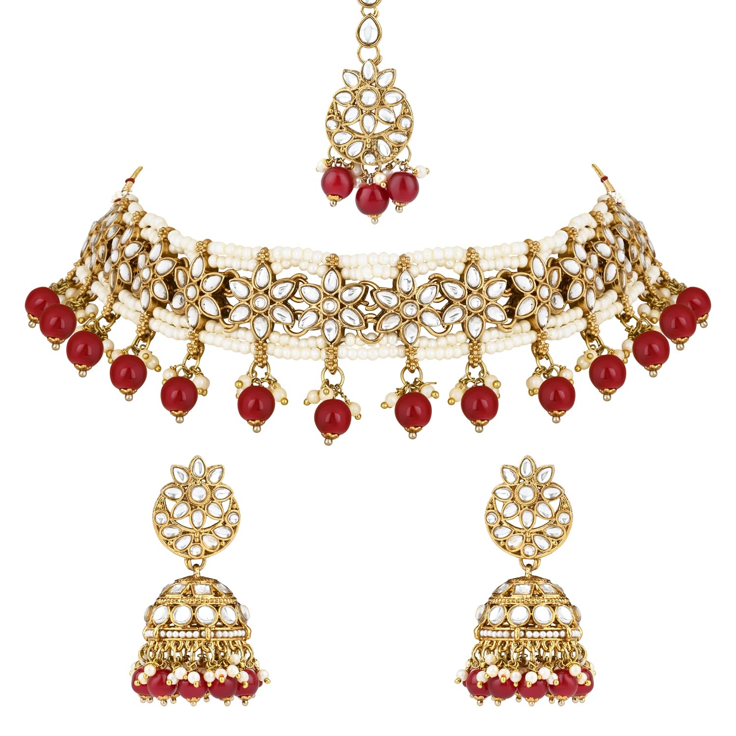 I JewelsGold Plated Traditional Kundan & Pearl Multi layer Choker Necklace Jewellery & Jhumka Earring Set For Women & Girls