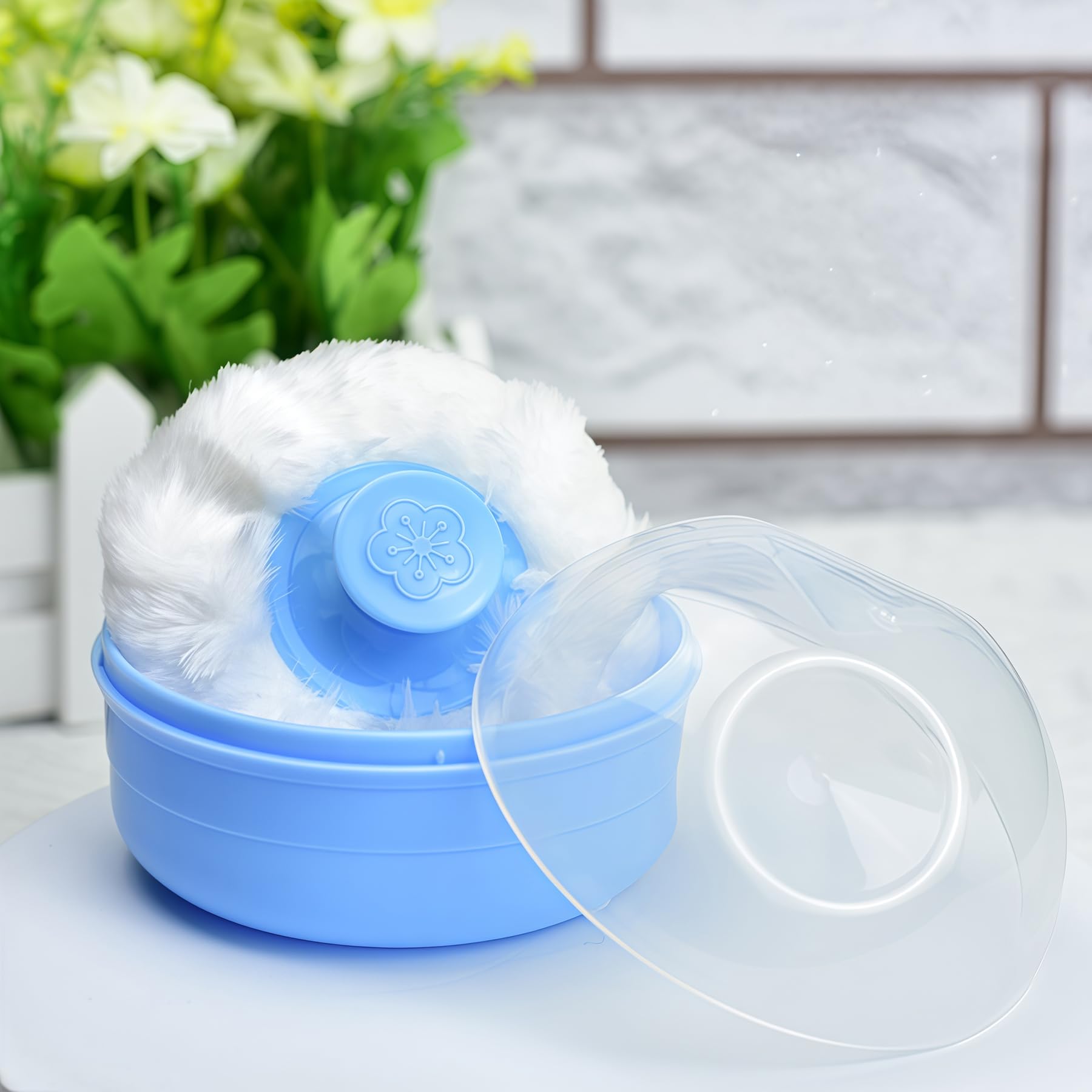 2PCS (blu + rosa) di plastica per la cura della pelle del bambino dopo lo sciolto caso polvere in polvere per il corpo fronte talco contenitore stoccaggio trucco con soffio di spugna morbida