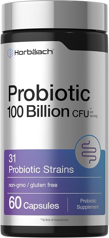 Horbäach Probiotic 100 Billion CFU | 60 Capsules | 31 Probiotic Strains | With Prebiotic Fiber | Vegan, Non GMO, Gluten Free Supplement
