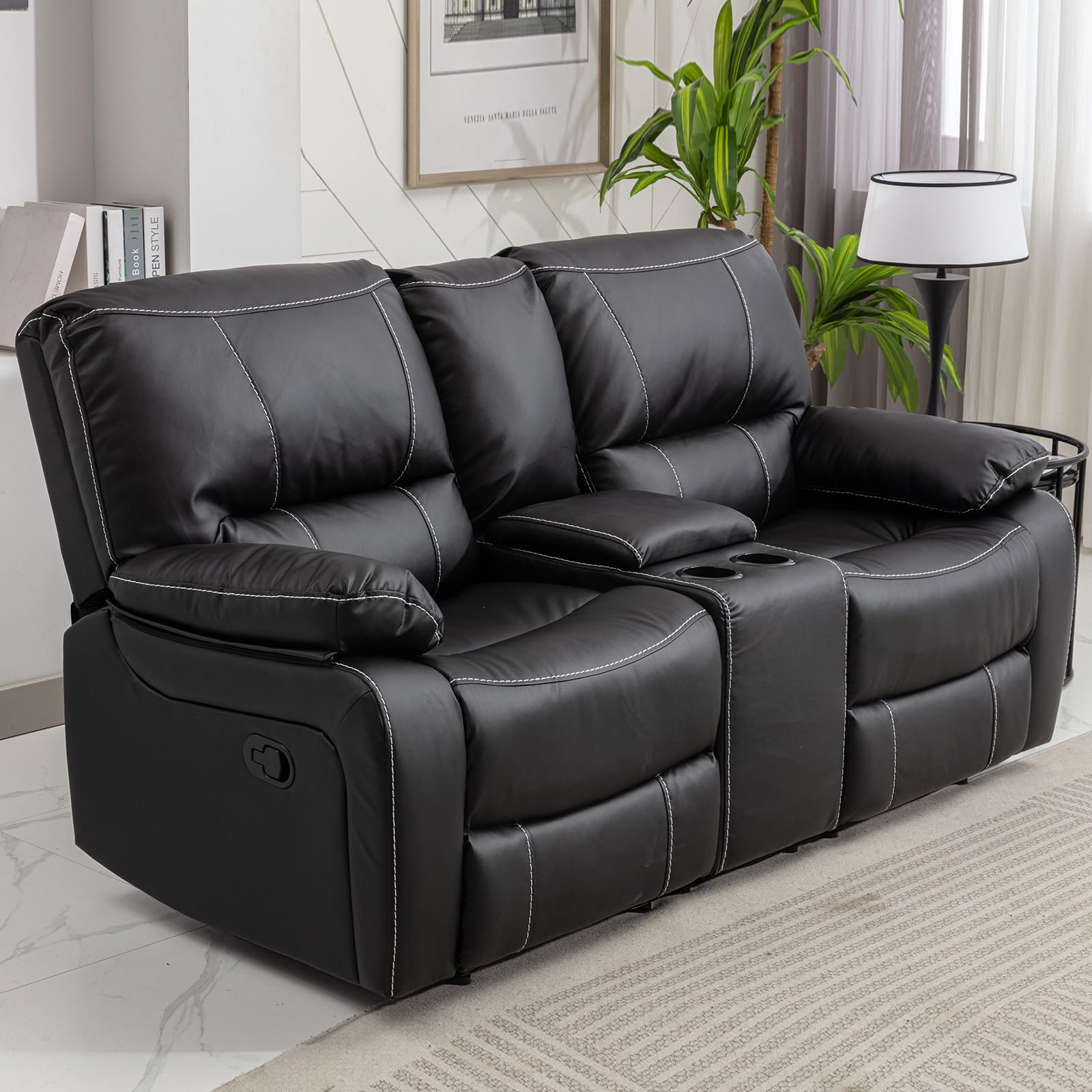Faux Leather Manual Loveseat Recliner, Reclining Couch Sofa with 2 Cup Holders, Hidden Storage, Overstuffed Comfortable Armrest Double Recliner Set for Living Room, Black (Loveseat)