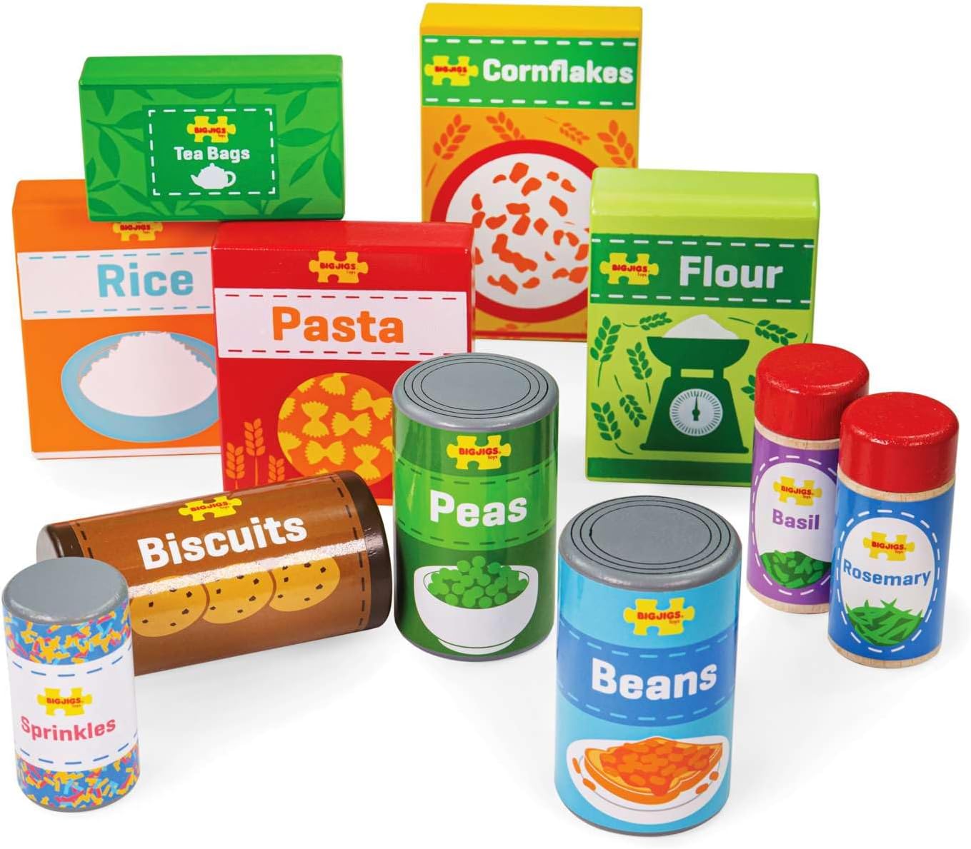 Bigjigs Toys Wooden Cupboard Groceries | Pretend Play Food for Kitchen Set | Supermarket Shopping Accessories | Montessori Educational Tool for Toddlers | Kids Gifts for 3+ Year Old Children