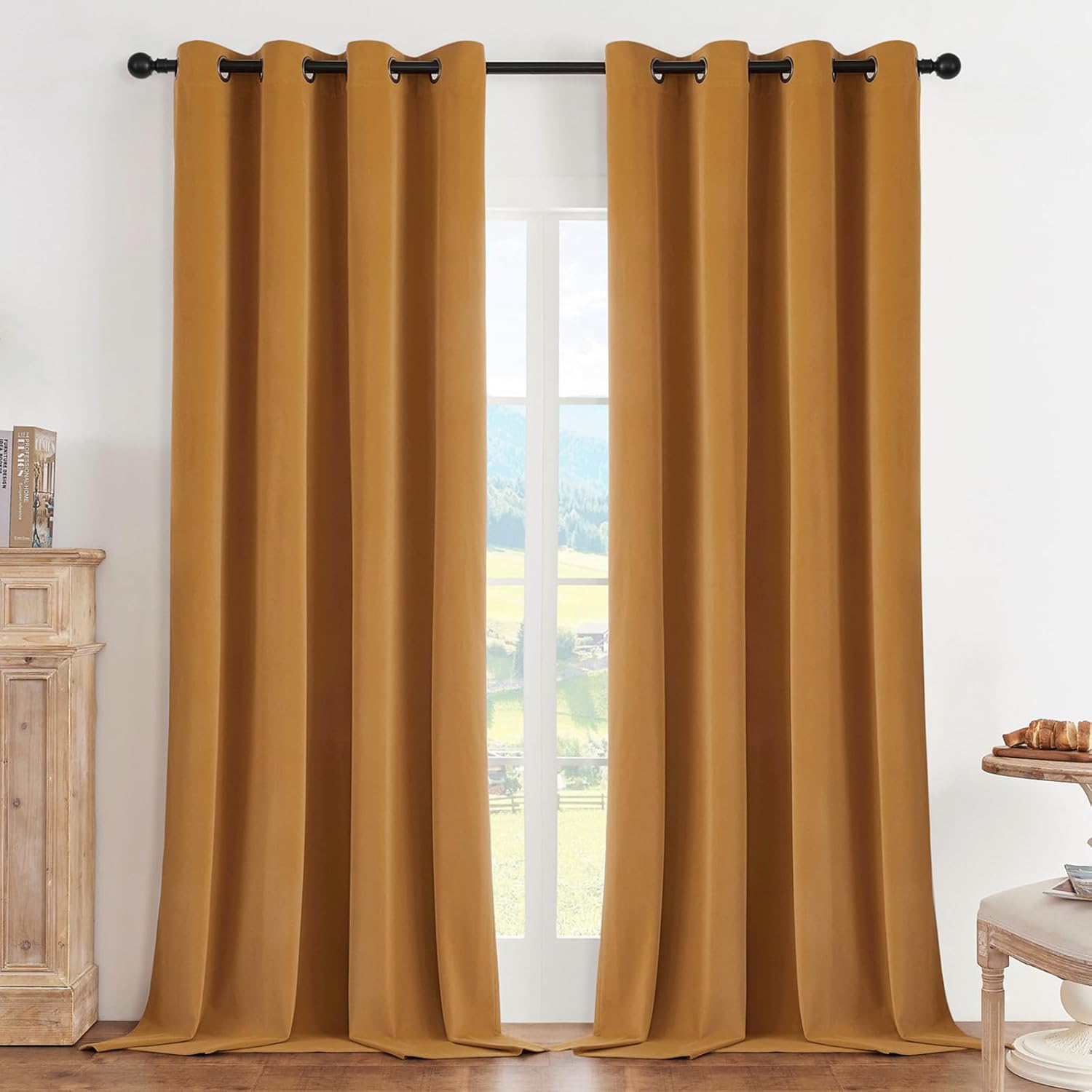 Joydeco Mustard Yellow 100% Blackout Curtains 72 Inch 2 Panels, Luxury Thermal Yellow Velvet Curtains for Bedroom Living Room, Soundproof Blackout Window Drapes, Grommet Top (52W x 72L)