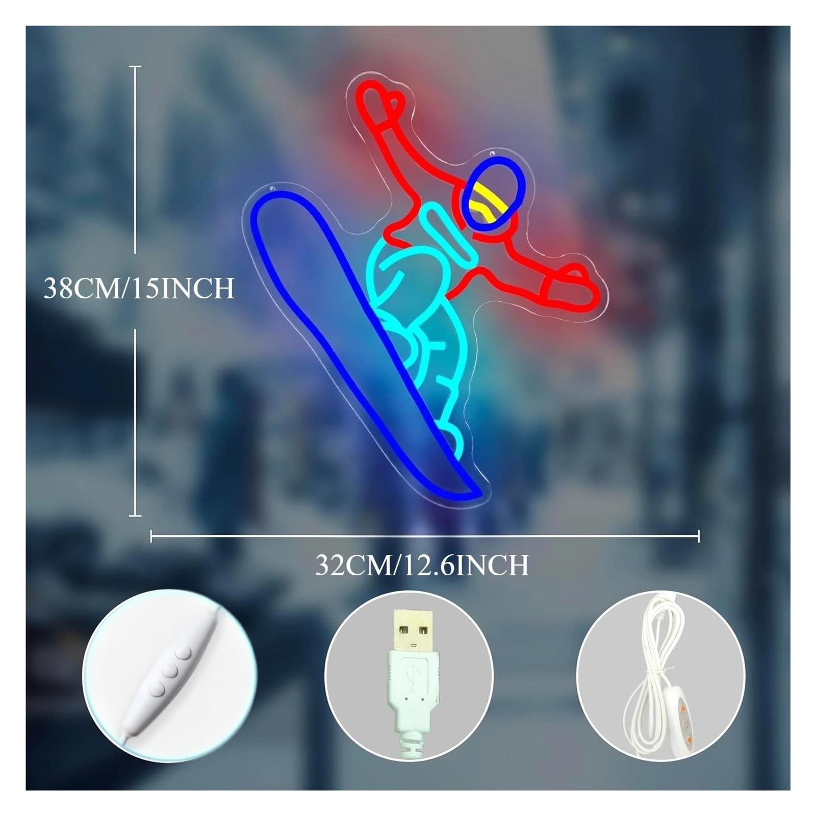 Insegna al Neon Insegna Al Neon Per Sci Dimmerabile | Luce LED Alimentata Tramite USB Per Club Sportivi, Sala Giochi, Camera Da Letto, Decorazioni 38cmx32cm