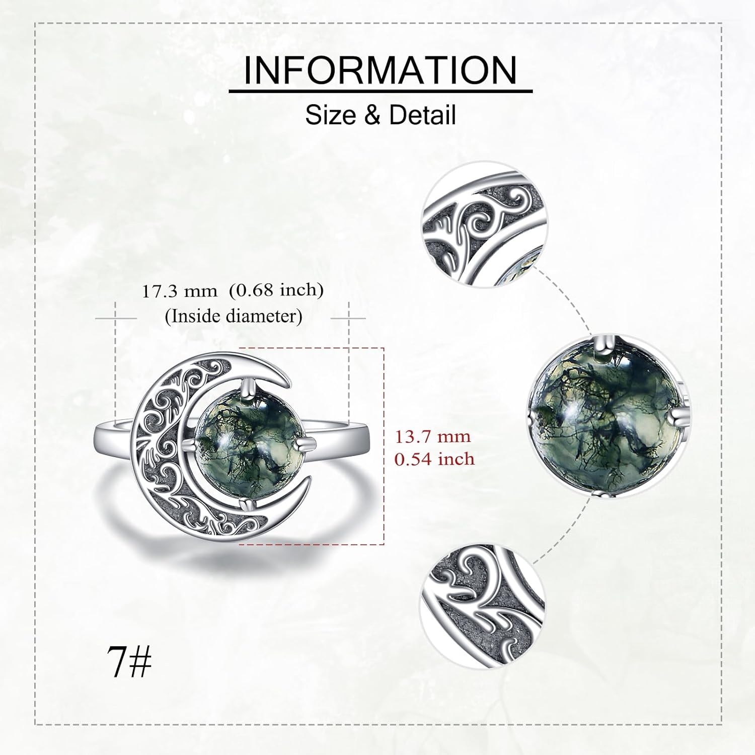URONE Moss Agate Ring 925 Sterling Silver Moon Rings Moss Agate Jewelry Gifts for Women - Image 4