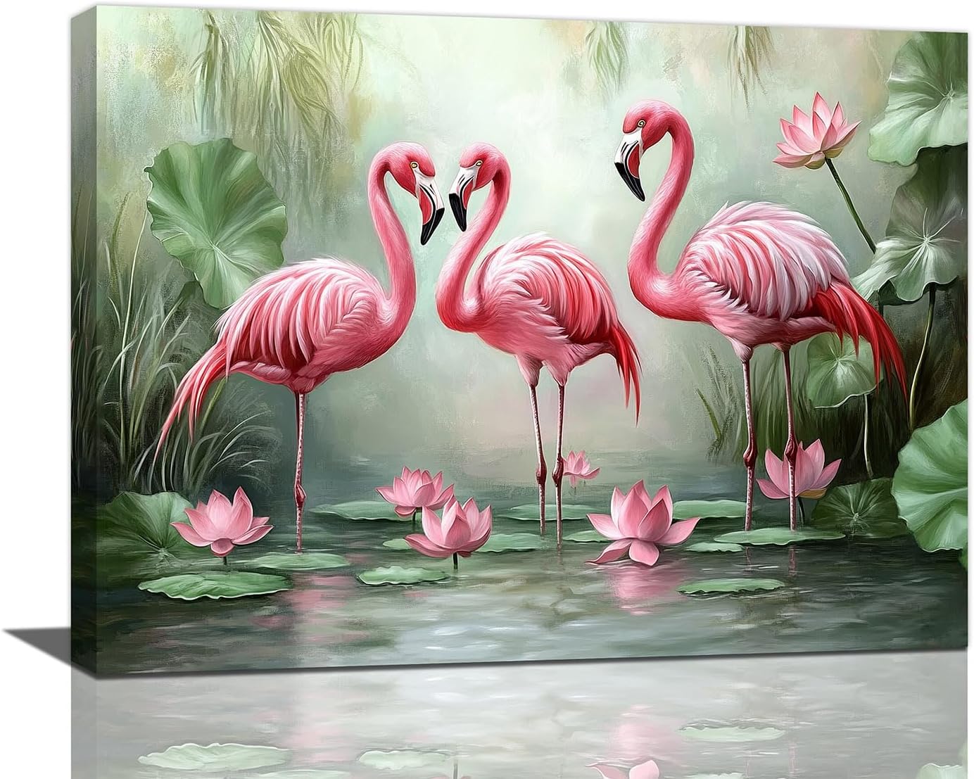 Spaexor Flamingo Wall Art, Pink Flamingos Pictures Wall Decor, Tropical Wildlife Lotus Canvas Prints Painting for Bathroom Living Room Bedroom Kitchen Dining Room 16"x12"