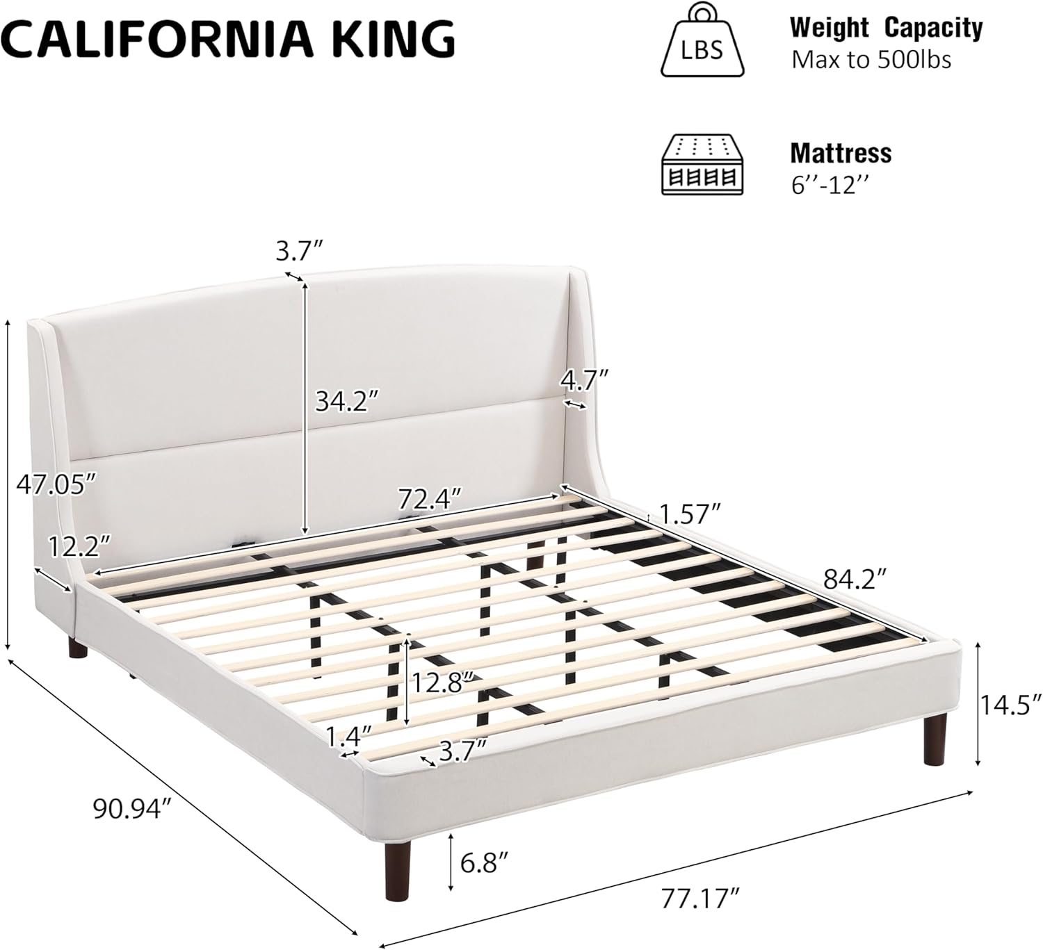 Merax California King Size Plywood Upholstered Platform Bed Frame, with Wingback Headboard, Solid Wood Leg, Box Spring Not Required for Bedroom, Beige