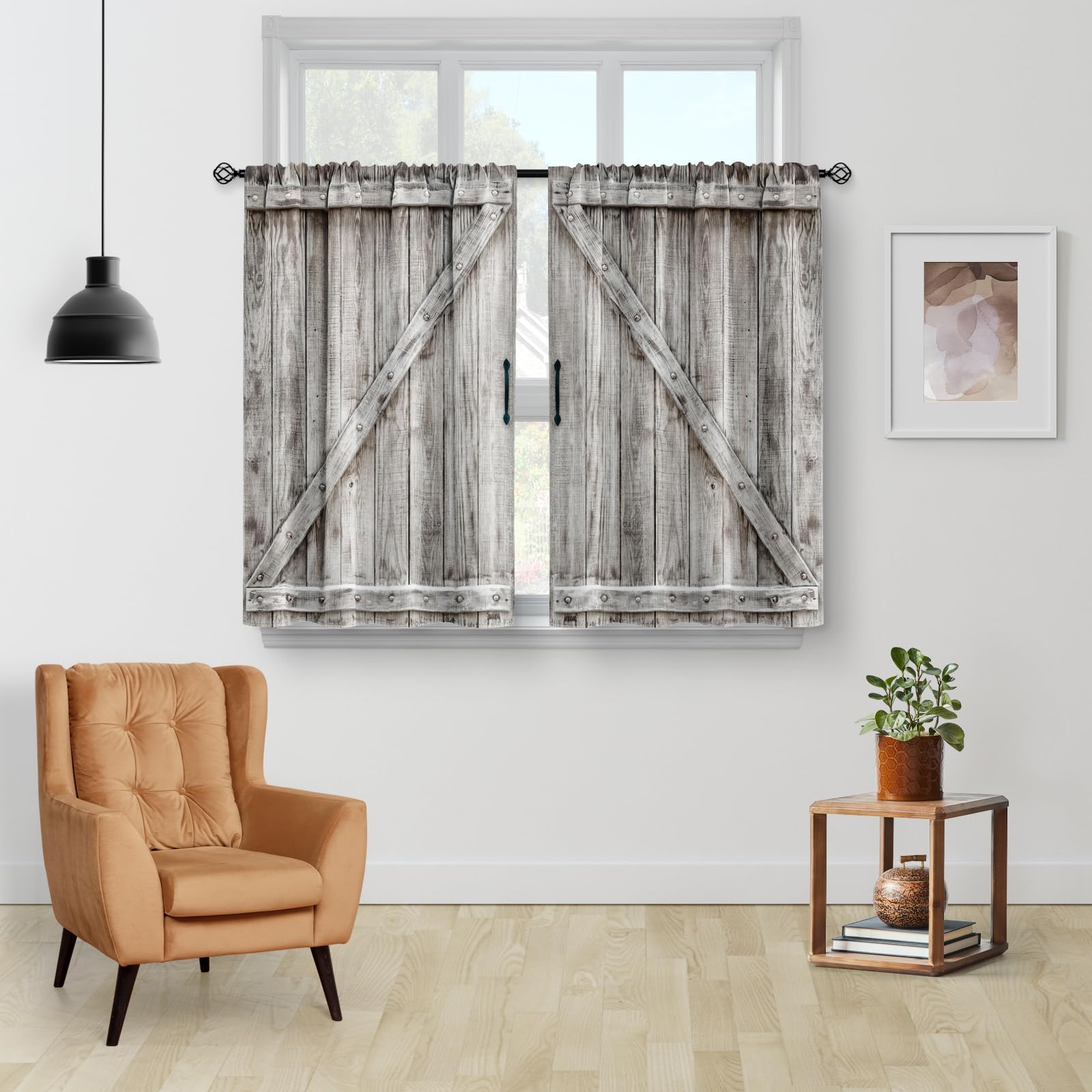 Aimego Wooden Barn Door Kitchen Curtains - Country Wood Farmhouse Rustic Farm Retro Western Cafe Short Tier Curtains Decor for Living Room Rod Pocket Window Drapes 36 Inch Length 2 Panels 28