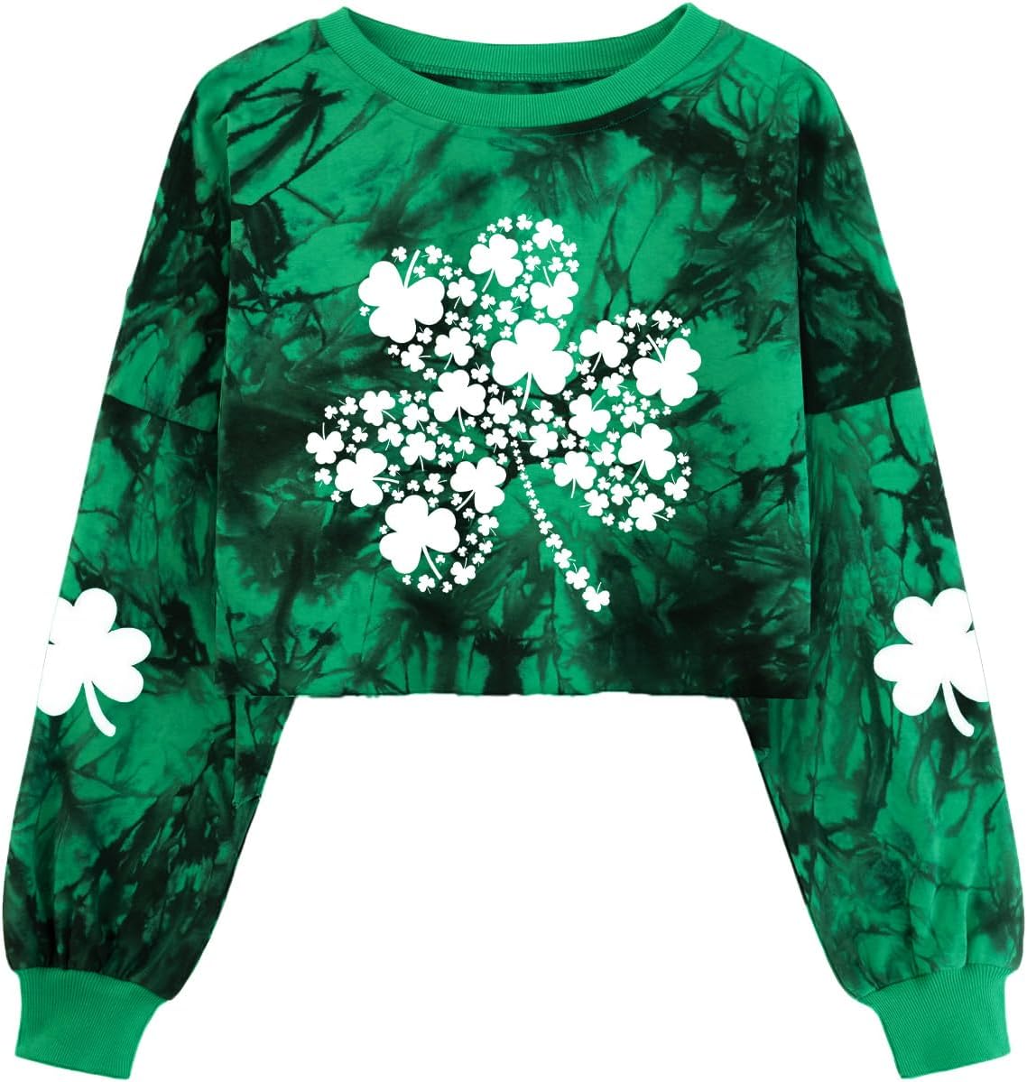 Womens St. Patrick's Day Crop Sweatshirts Funny Lucky Irish Shamrock Lantern Long Sleeve Spring Pullover Tops