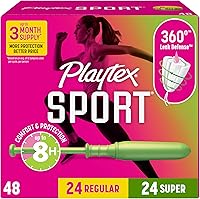 Playtex Sport Tampons Multipack 48ct: 24 Regular + 24 Super, Fragrance-Free with 360° Leak Defense & FLEXFIT