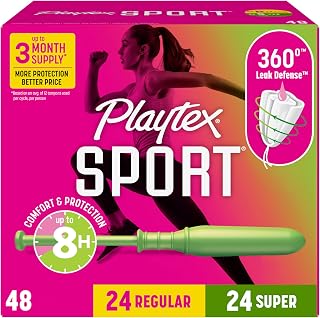Playtex Sport Tampons Multipack 48ct: 24 Regular + 24 Super, Fragrance-Free with 360° Leak Defense & FLEXFIT