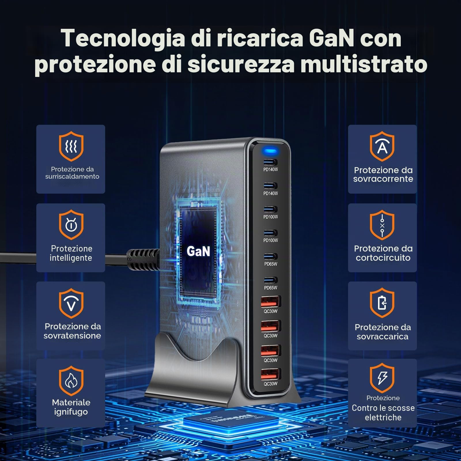 Caricatore Usb C Da 730 W, Multiuso 10 Porte, Ricarica Rapida Con Alimentatore Di Rete Da 6 C E 4 A Per Macbook Pro/Air, Ipad Pro/Air, Sumsung Ecc