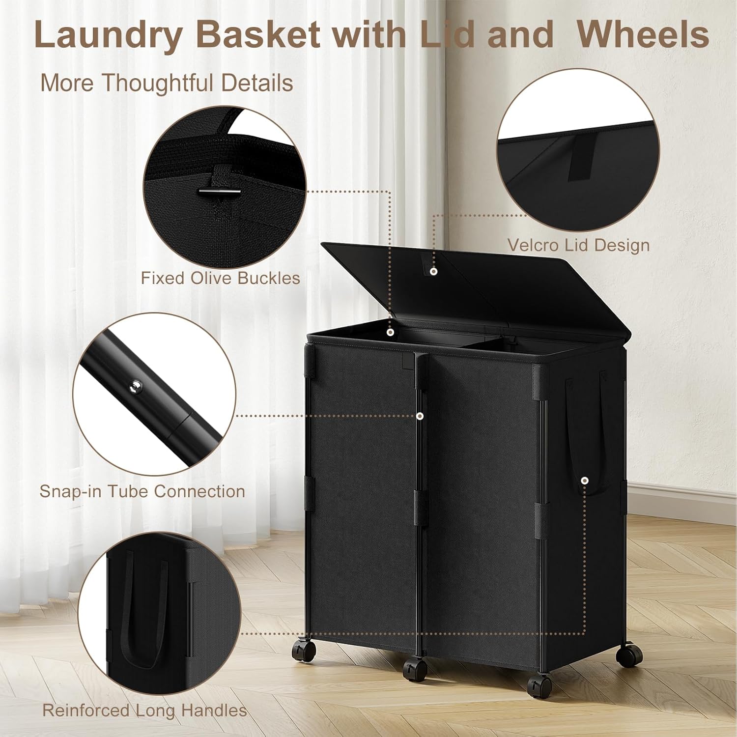 140L Double Laundry Hamper with Lid and 6 Wheels, Rolling Laundry Basket with 2 Removable Bags, Heavy Duty Metal Frame Clothes Cart, 2-Section Laundry Sorter for Bedroom, Bathroom (Black)