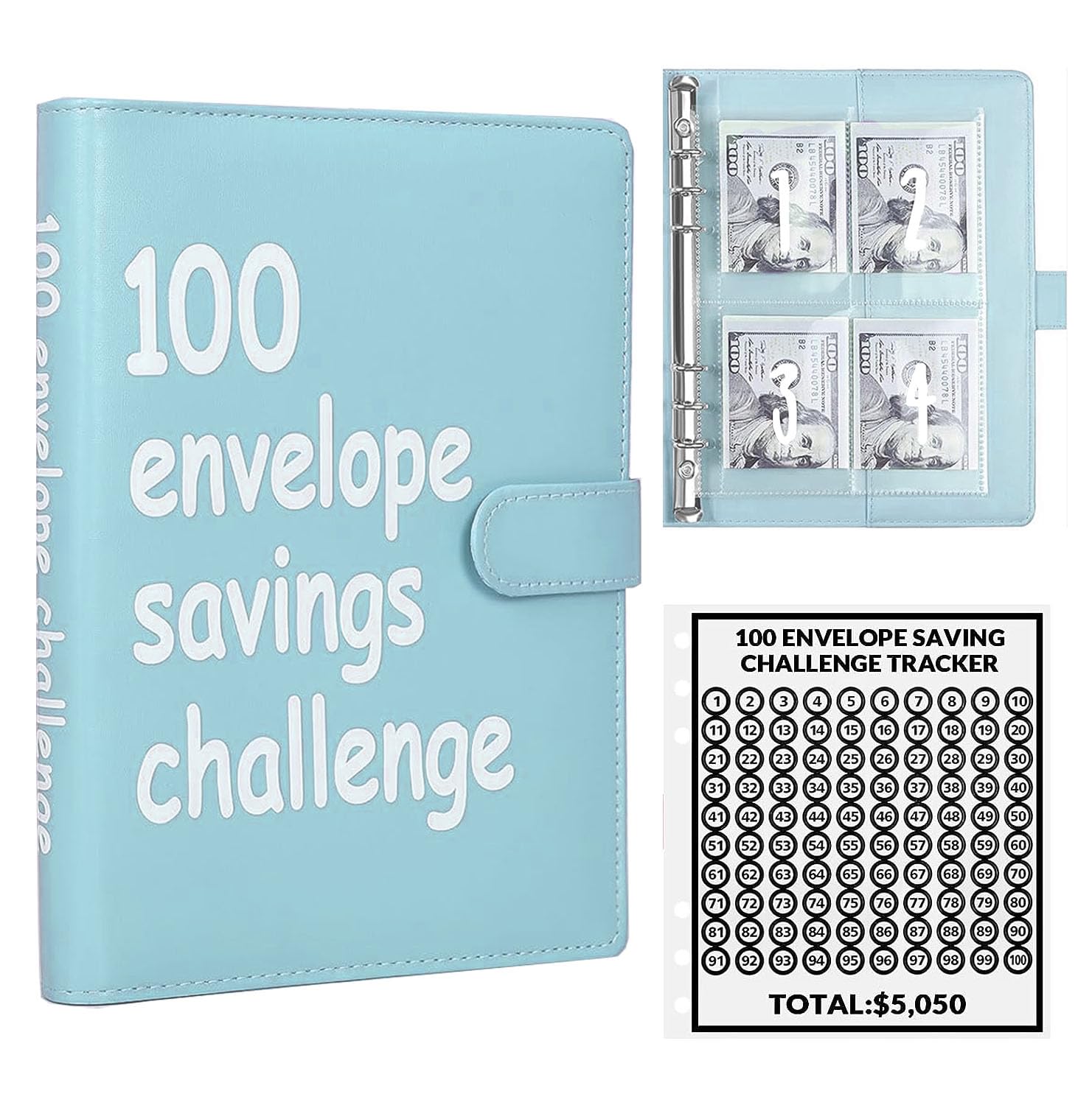 100 Envelopes Money Saving Challenge, 100 Envelope Challenge Binder, Easy and Fun Way to Save $5,050, Savings Challenges Budget Book Binder with Cash Envelopes for Office,Home,School (Blue)