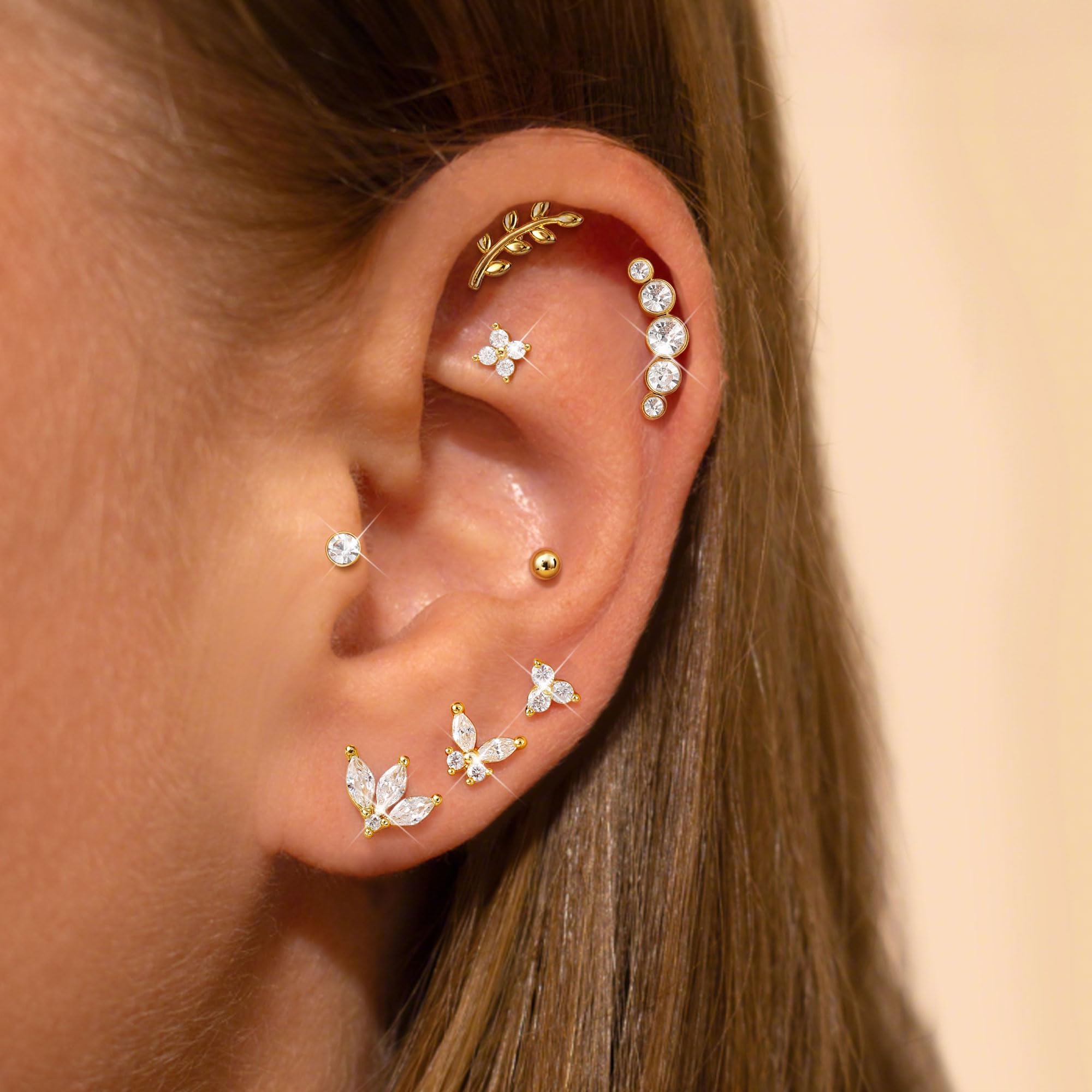 LOLIAS 16G/20G Piercing Oreja Tragus Labret Acero Quirurgico Hipoalergénico CZ Pendiente Mujer Pequeño Conch Helix Labio Oro/Plata