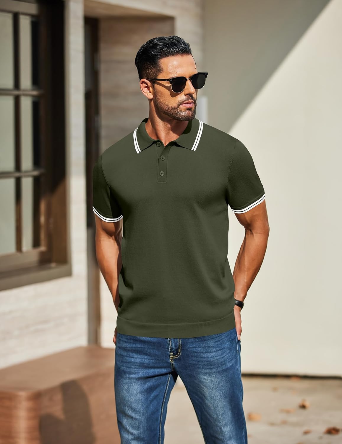 COOFANDY Men's Knit Polo Shirts Short Sleeve Casual Button Golf Polo Shirts Collared T Shirt Army Green - Image 7