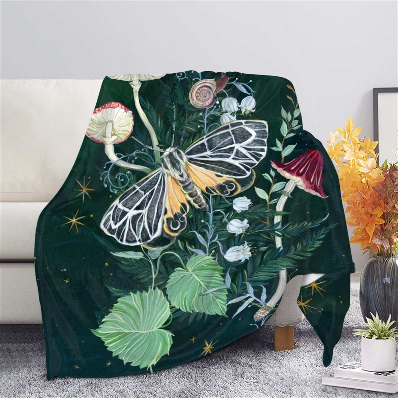 Showudesigns Mushroom Butterfly Blanket for Women Girls Throw Blanket For Bed Couch Sofa Office Black Micro Fleece Blankets 43x55 Inch Kids Moon Moth Green