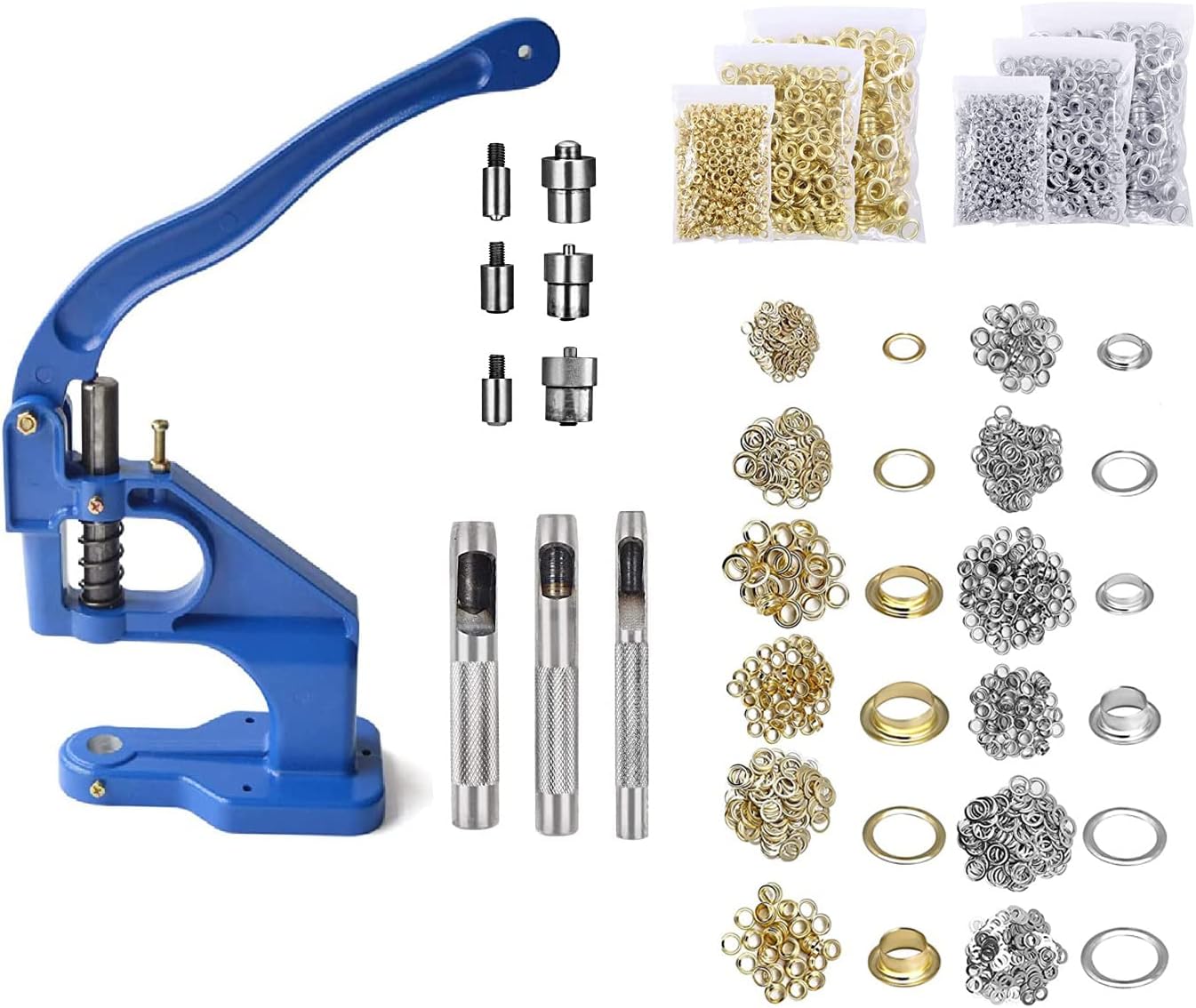 Hand Press Grommet Machine Grommets Eyelet Tool Kit, Including Grommet Machine, 3 Dies (#0#2#4), 2400Pcs Grommets for Banner,Awning,Signs,Poster,Curtain, DIY Craft (Alloy_Steel)