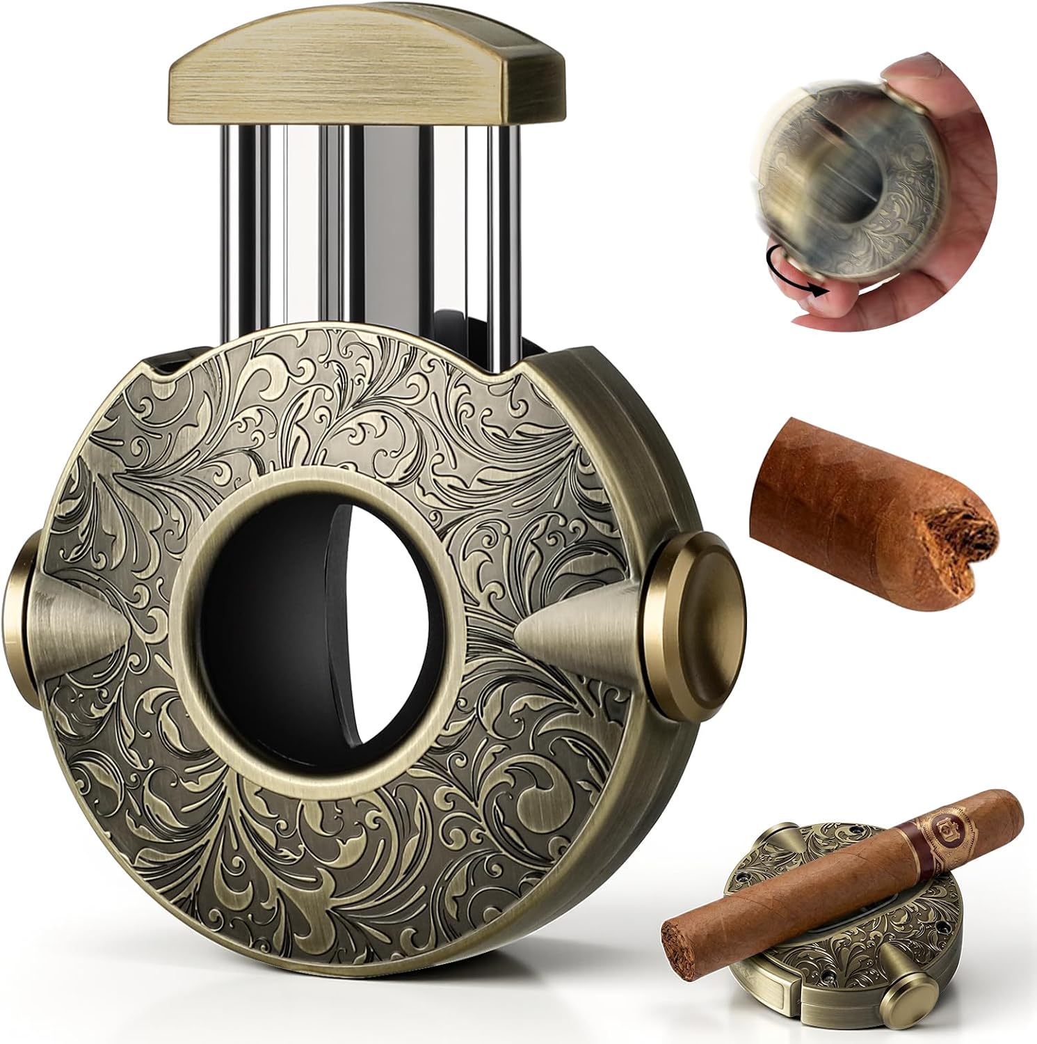 3-in-1 Multifunctional Zinc Alloy Round Cigar Cutter Exquisitely Engraved Cigar Accessory, Integrated V-Cutter, Cigar Holder & Stress Relief Fidget Spinner, Premium Gift for Men