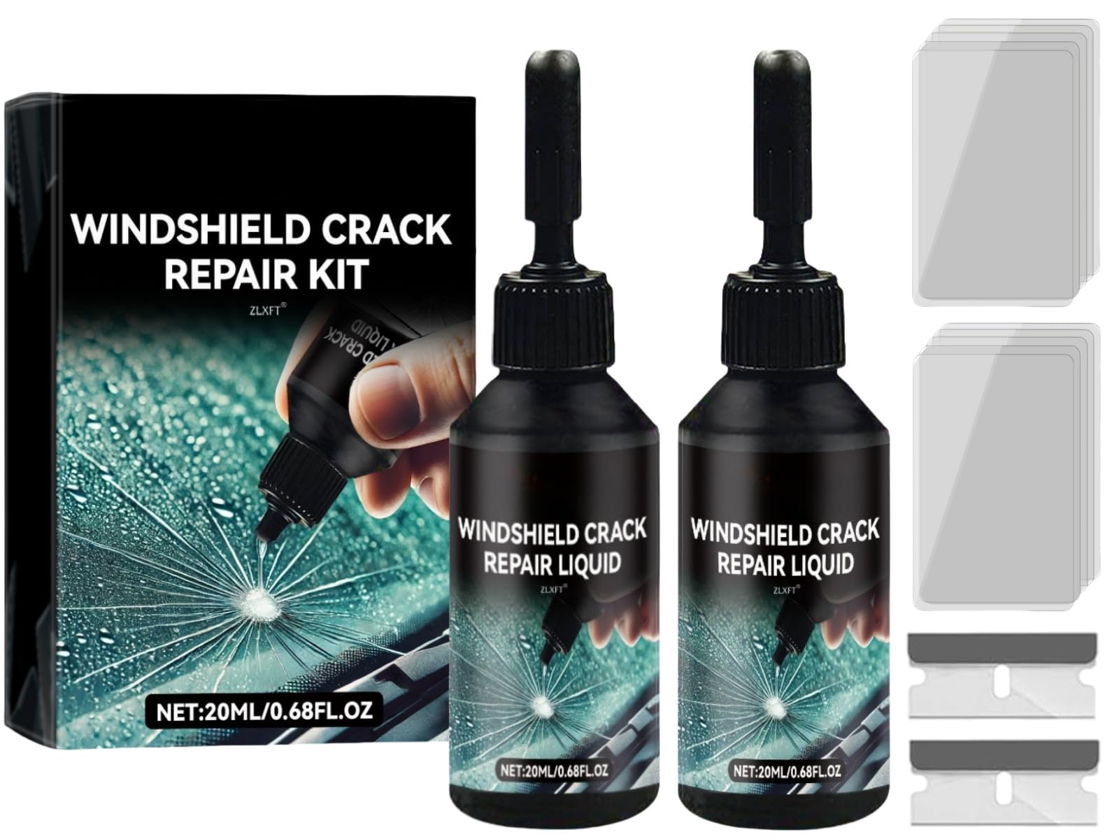 Kit Riparazione Crepe Vetro,2pcs Kit Riparazione Parabrezza Auto,Kit di Riparazione Crepe Parabrezza,Kit di Riparazione per Crepe,Kit Riparazione Vetro Auto,Glass Repair Liquido Kit