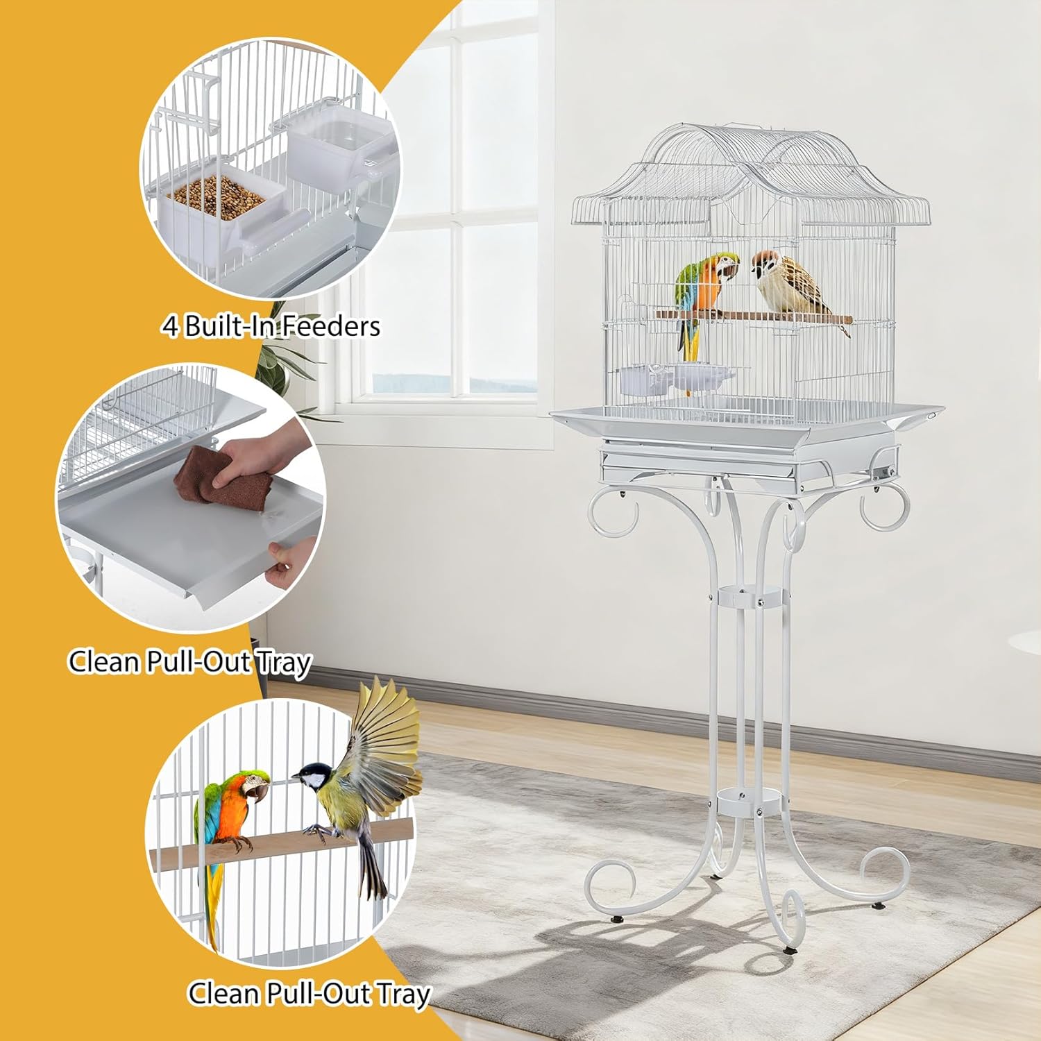 58" Vintage Scrolled Bird Cage - Heavy-Duty Metal with Non-Toxic Coating, Victorian Parrot Cage with Stand, Slide-Out Tray, Perch & Bowls, Bird Aviary for Parakeet, Cockatiel, Finch & Lovebird
