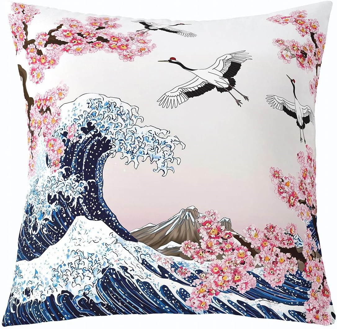 Feelyou Japanese Style Throw Pillow Cover, Ocean Wave Sakura Flower Cushion Case for Home Living Room Decor, Reversible Fuji Mountain Decorative Throw Cushion Case, 24x24 Inches