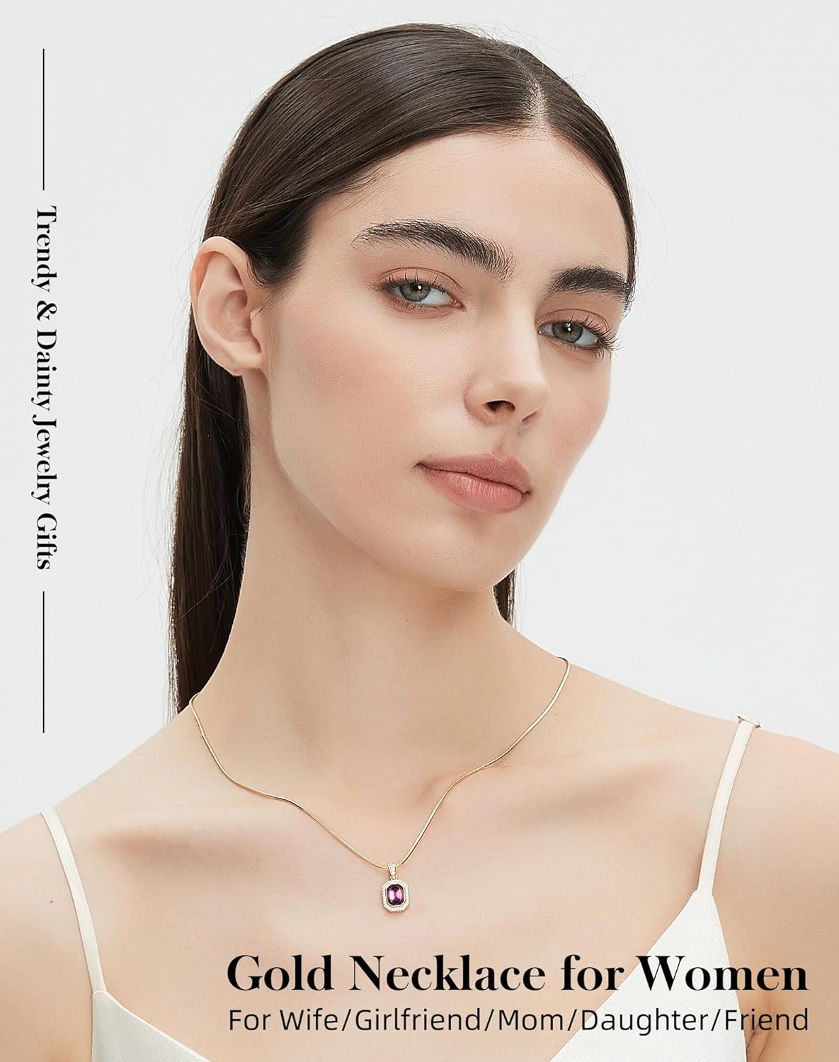 Valentine's Day Gifts for Her 14K Plated Gold Necklace for Women Square Crystal Necklace with Snake Chain Gold Jewelry for Womens Birthday Gifts for Wife Birthstone Necklaces for Wife Jewelry for Girlfriend Gift for Anniversary Wedding Valentines Mother's Day