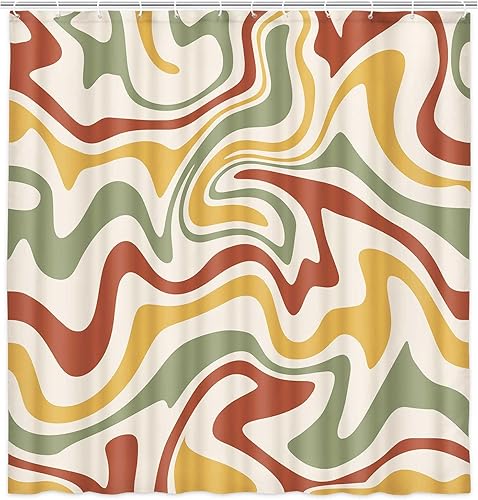 Miniatura 2 de Mtsxfy - Cortina de ducha bohemia de color verde salvia, bonita estética de los años 70, diseño abstracto de los años 70, con ganchos, 72 x 72