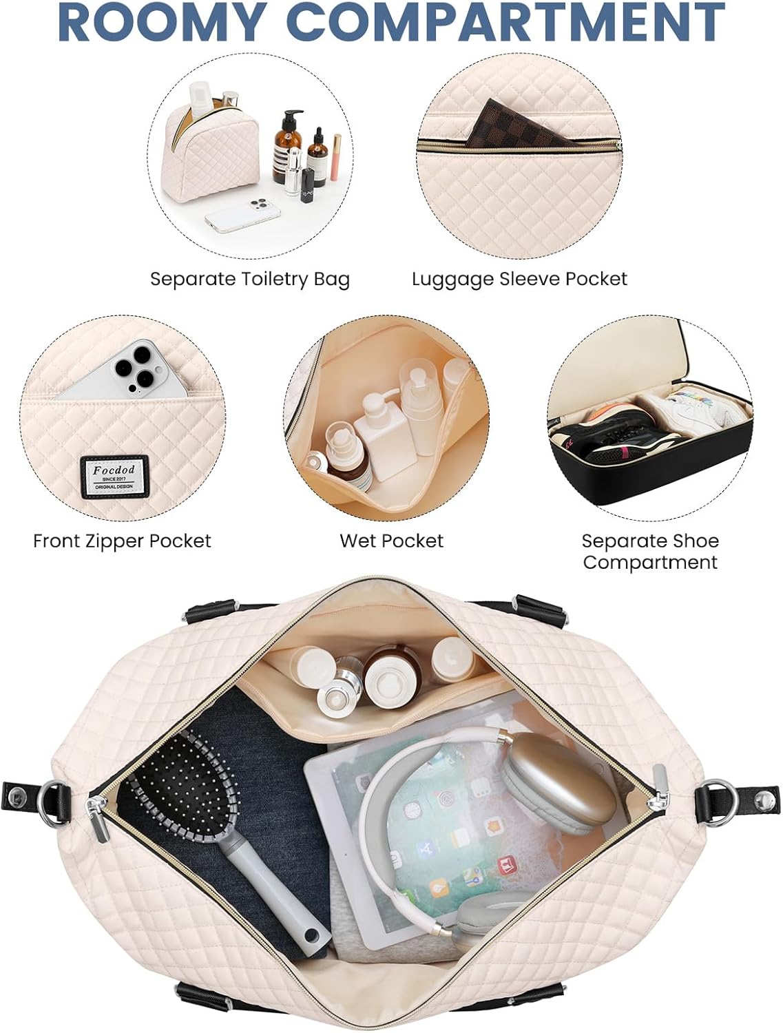 Travel Weekender Duffle Bags for Women: Overnight Bags with Shoe Compartment Large Carry on Weekend Bag with Toiletry & Wet Pocket Tote Duffel Bag Hospital Bag for Women Labor Delivery Begie Black